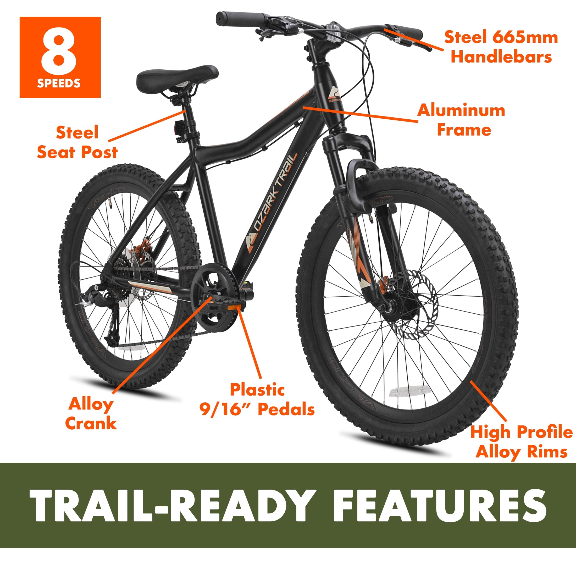 Trail 24 in. Youth Glide Aluminum Mountain Bicycle. 8 Speeds. Front Suspension. Black