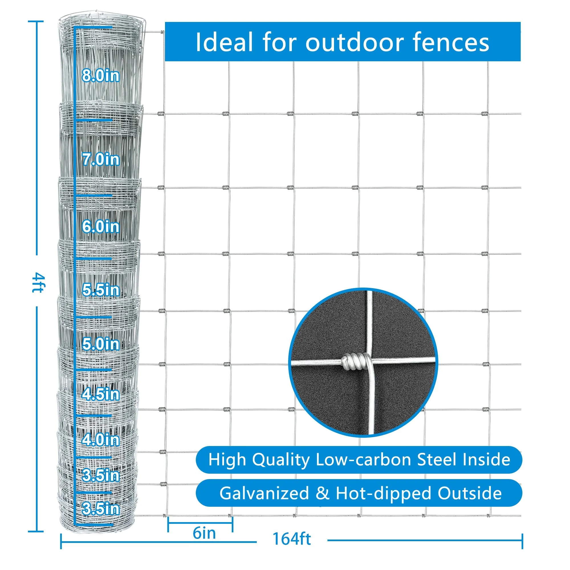 YESON Farm Fence 4ft. x 164ft Galvanized Field Wire Fencing