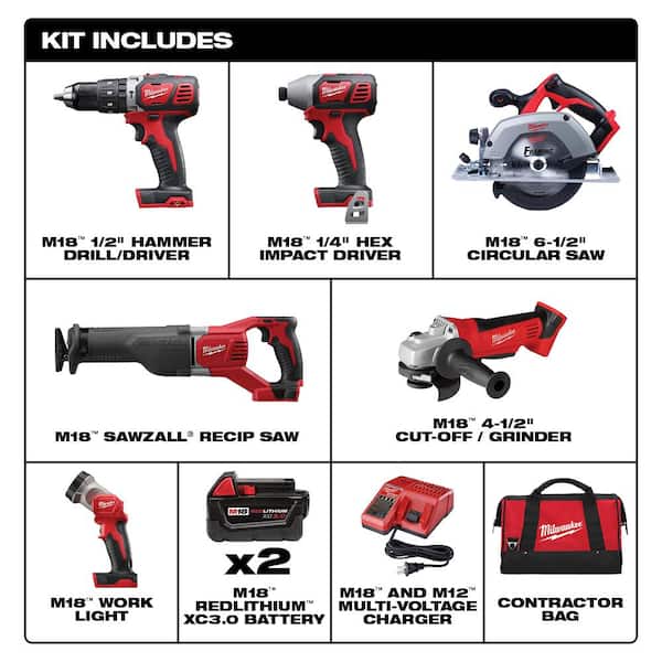 M18 18V Lithium-Ion Cordless Combo Tool Kit (6-Tool) with Two 3.0 Ah Batteries. 1 Charger. 1 Tool Bag