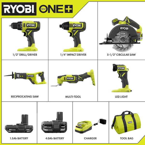 ONE+ 18V Cordless 6-Tool Combo Kit with 1.5 Ah Battery. 4.0 Ah Battery. and Charger