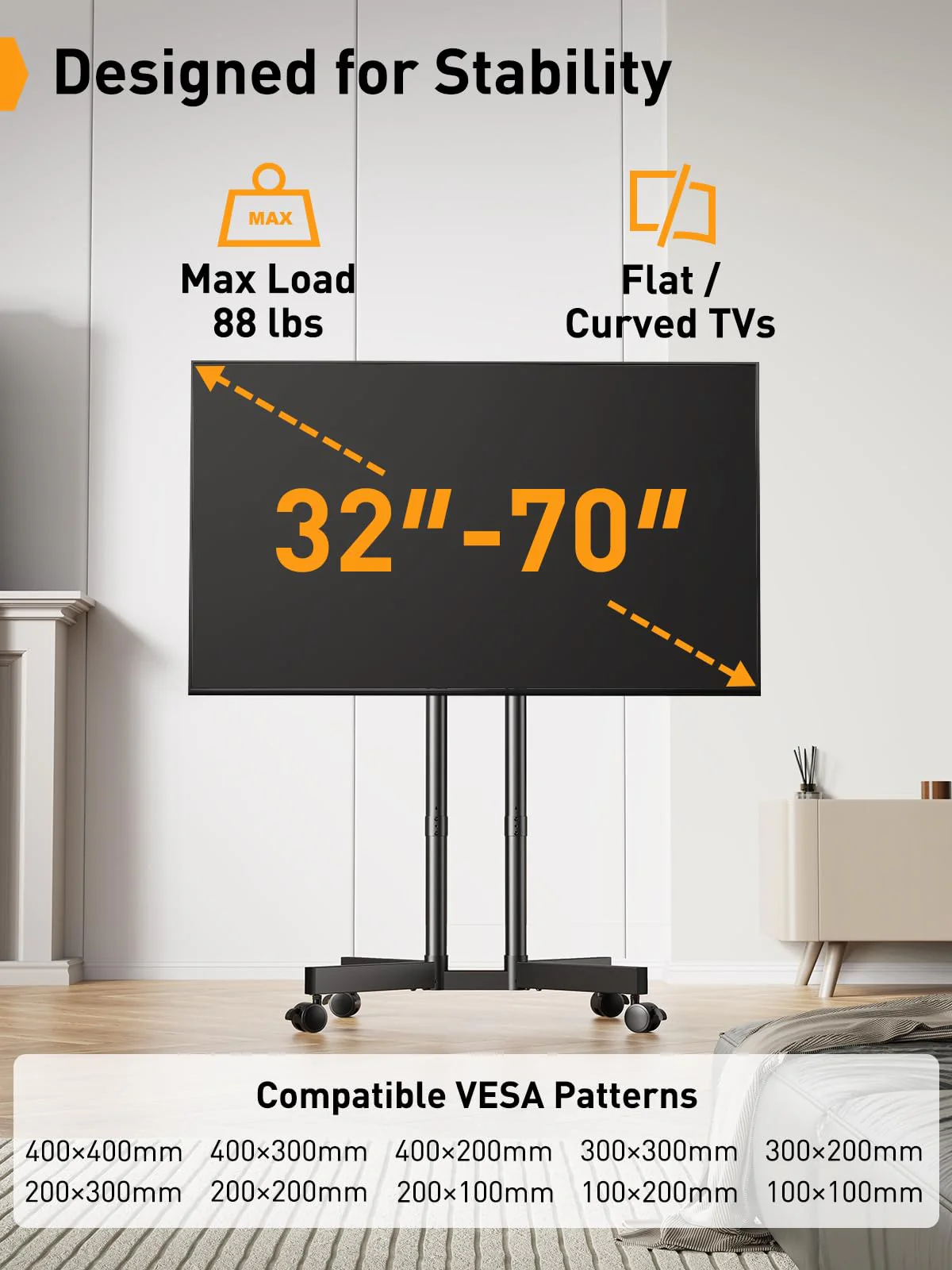 Perlegear Rolling TV Stand. Mobile TV Stand for 32-70 inch TVs
