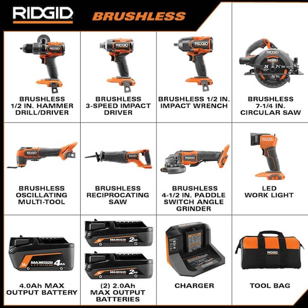 18V Brushless 8-Tool Combo Kit w/ (2) 2.0 Ah and (1) 4.0 Ah MAX Output Batteries. Charger. & FREE 18V 4.0 Ah Battery