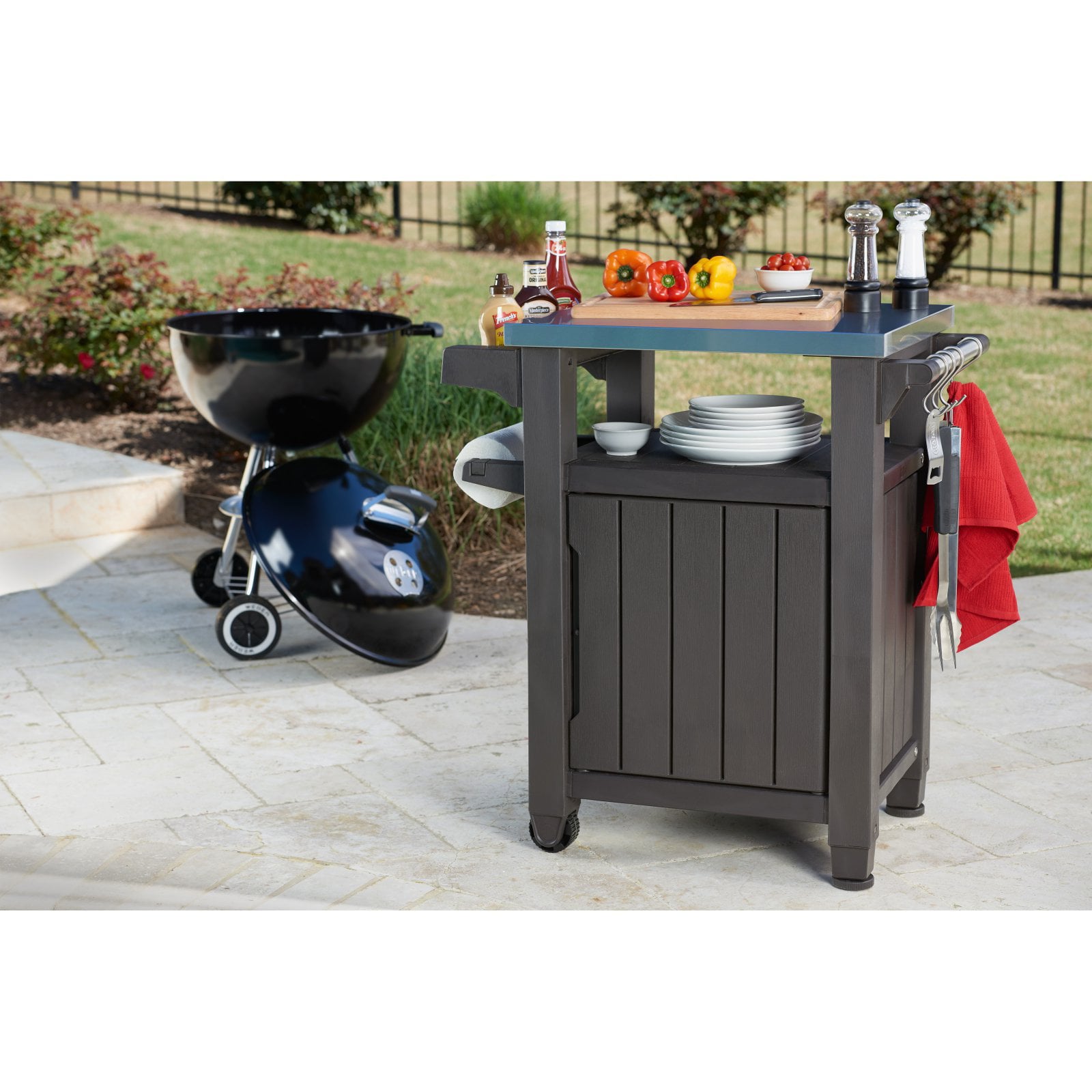 Unity 40 Gal Patio Storage Grilling Bar Cart w/Stainless Steel Top. Brown
