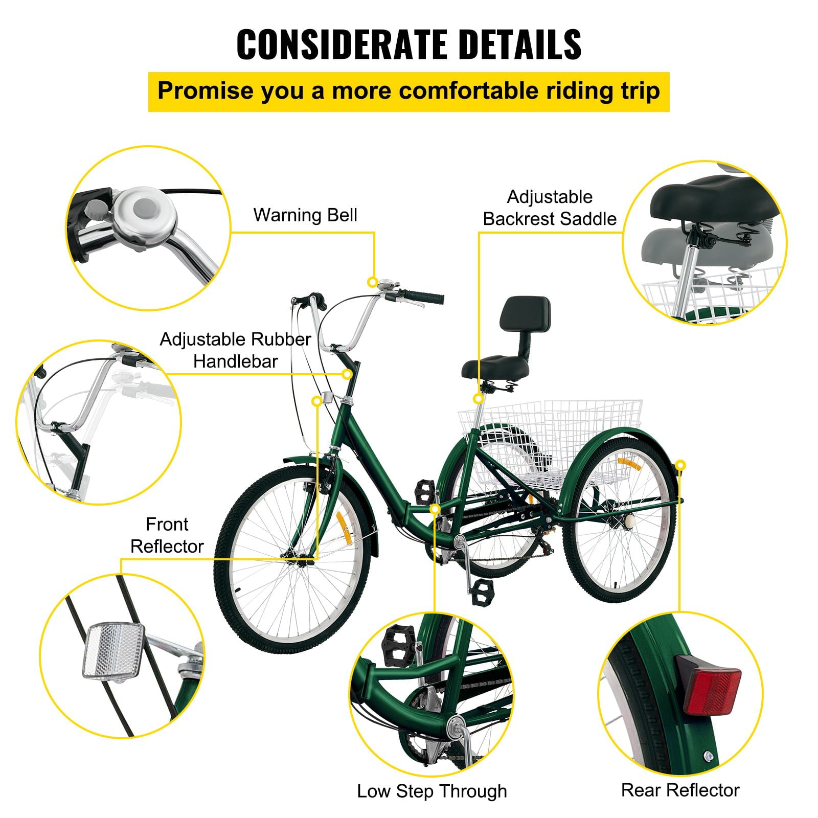 Tricycle Adult 24'' Wheels Adult Tricycle 7-Speed 3 Wheel Bikes For Adults