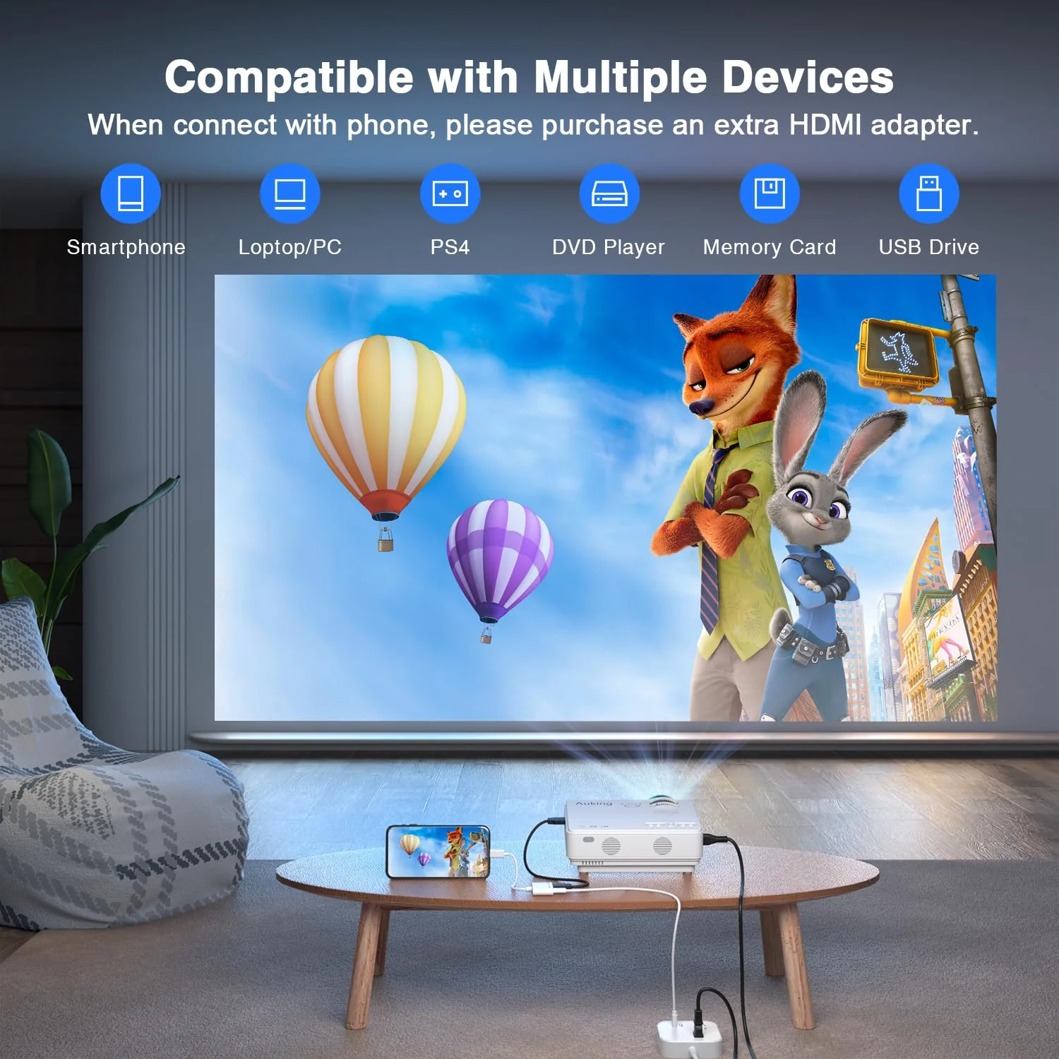 AuKing Full HD 1080P Home Theater Video Mini Projector