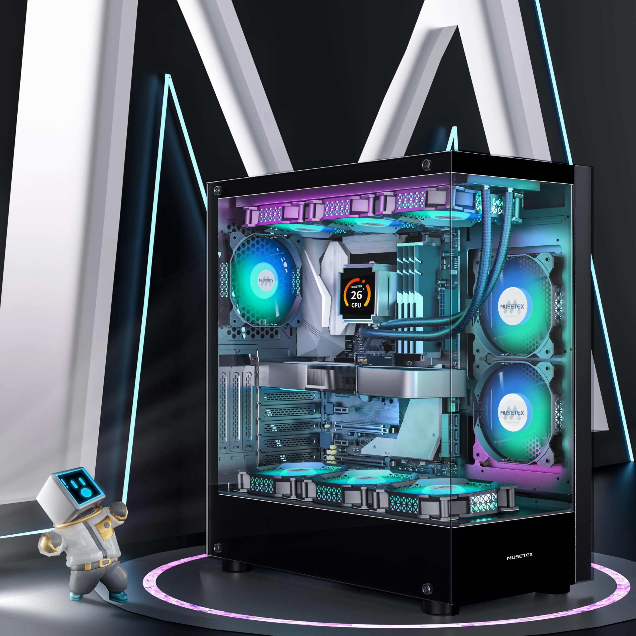 MUSETEX PC CASE ATX 6 PWM ARGB. Type-C Mid Tower Computer Case