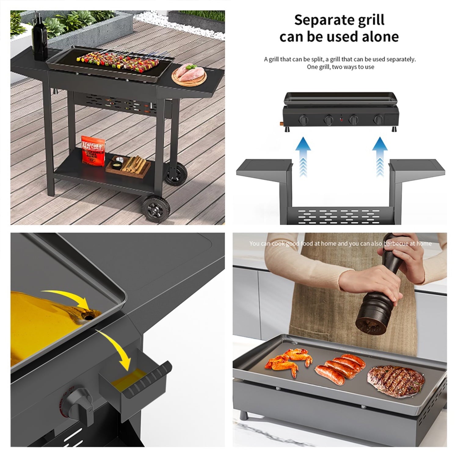 Flat Top Gas Griddle Grill 4-Burner Propane BBQ Grill Outdoor Cooking Station. Black