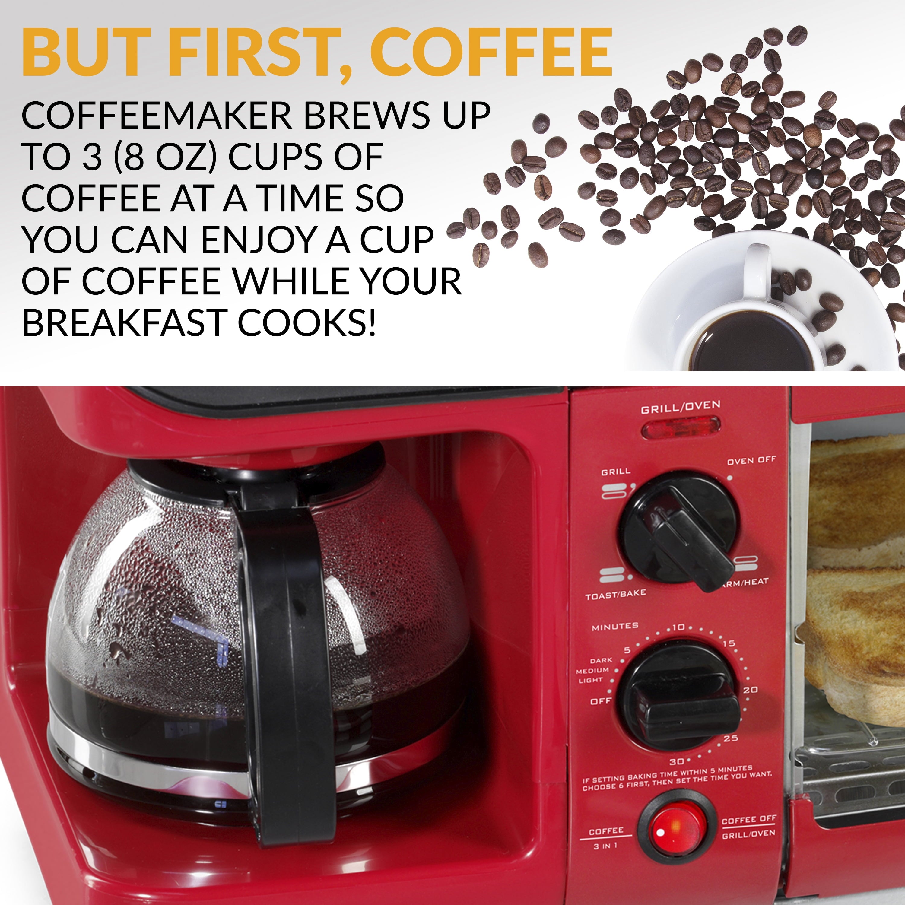BST3RR Retro 3-in-1 Family Size Electric Breakfast Station. Coffeemaker. Griddle. Toaster Oven - Retro Red