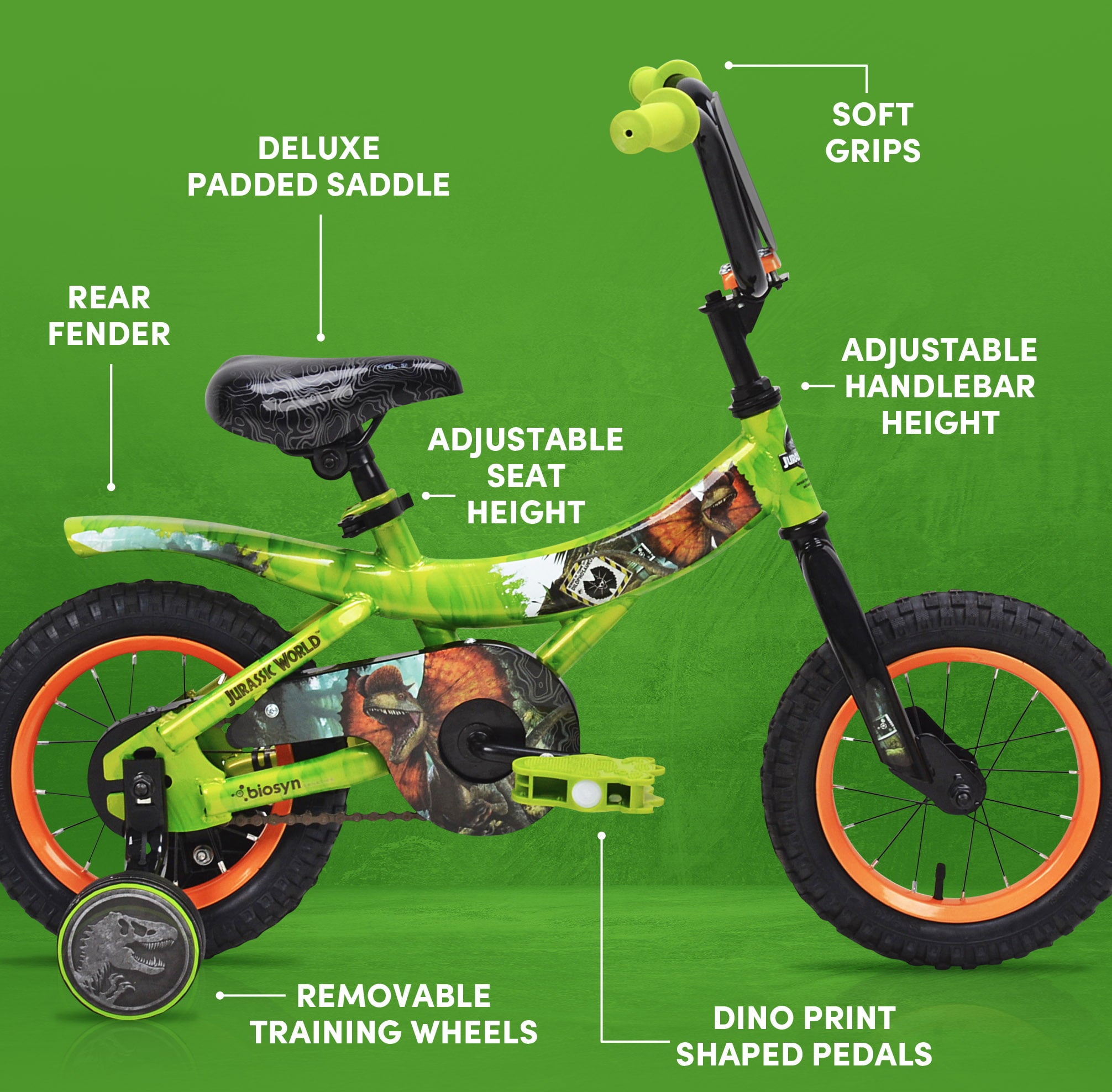 World? 12-inch Raptor Boy's Bicycle with Training Wheel. Green and Orange