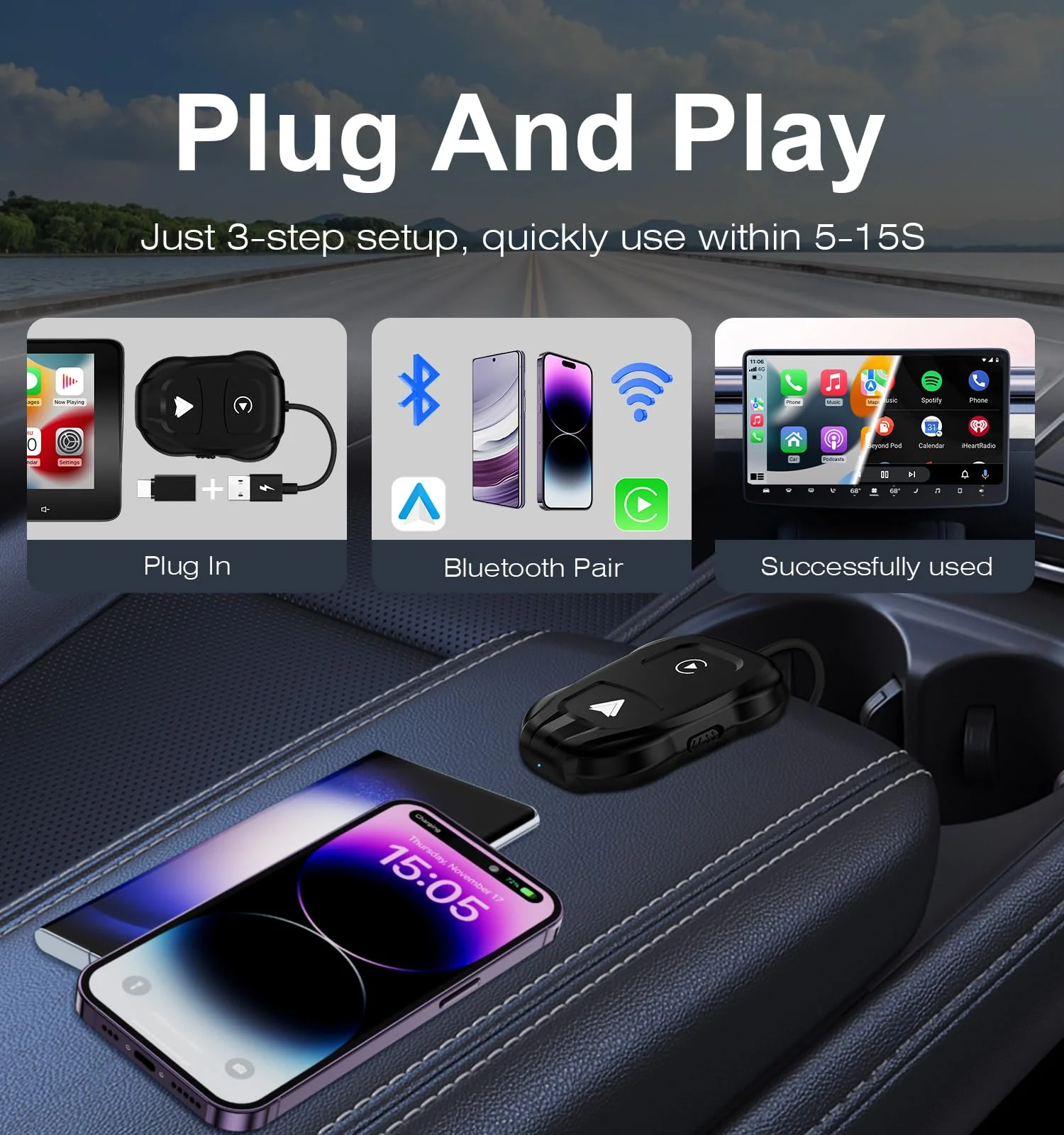 ITIDU Wireless Carplay/Android Auto Adapter. Plug & Play Setup