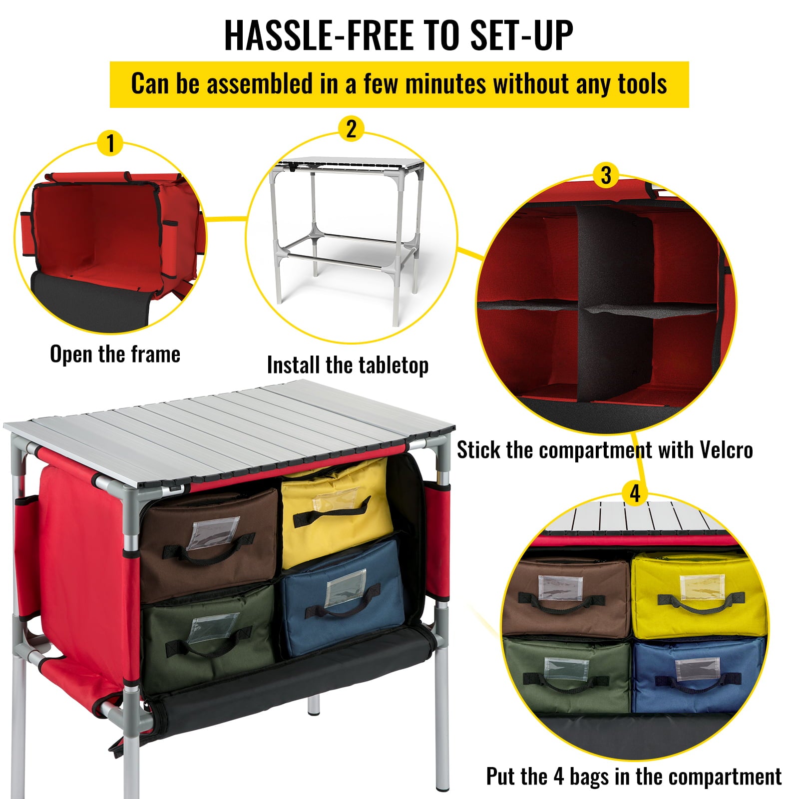 Camping Kitchen Station. Aluminum Portable Folding Camp Cook Table with 4 Detachable Legs & 4 Cooler Bags. Red