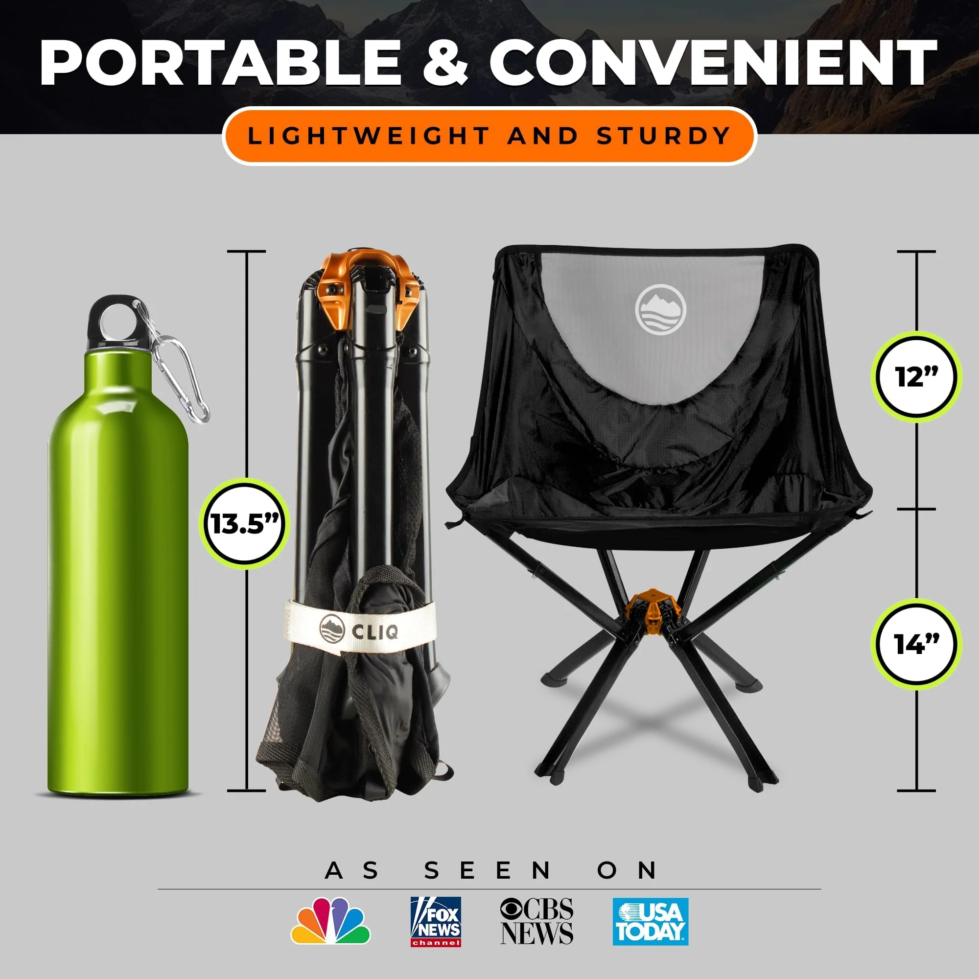 CLIQ Portable Folding Chair for Camping. Supports 300 Lbs