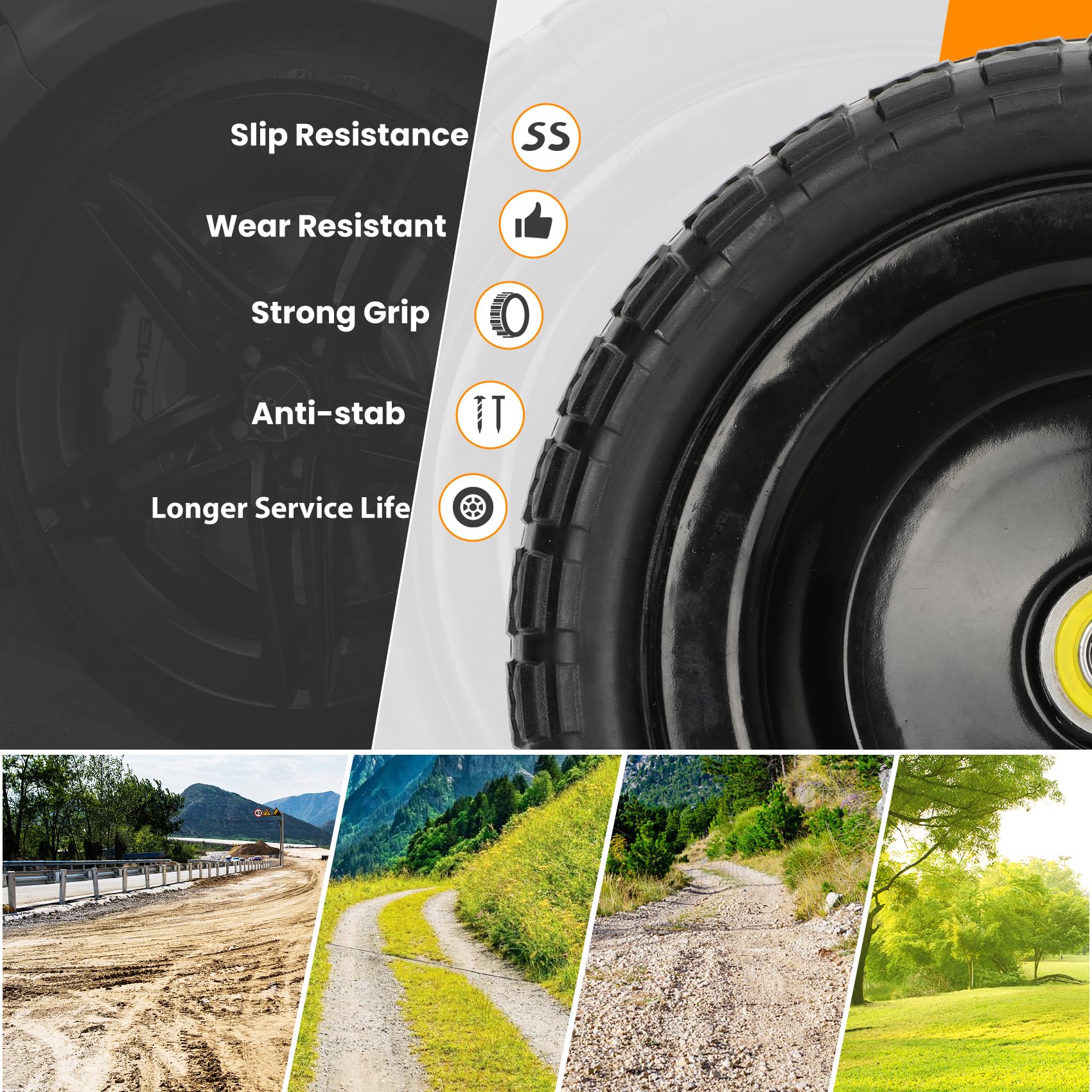 Pontuss 13 Flat Free Wheels Replacement for GOR Garden Cart