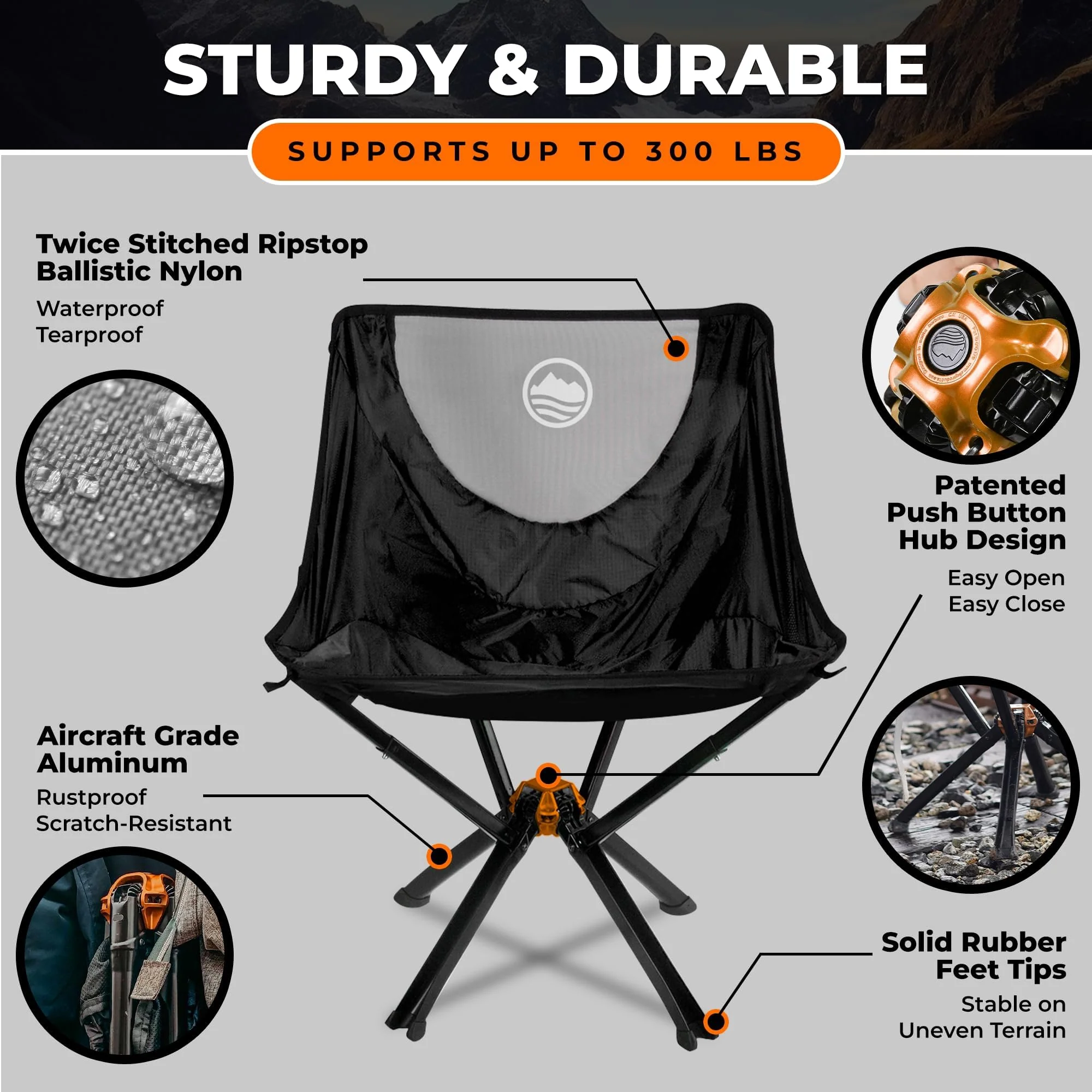 CLIQ Portable Folding Chair for Camping. Supports 300 Lbs