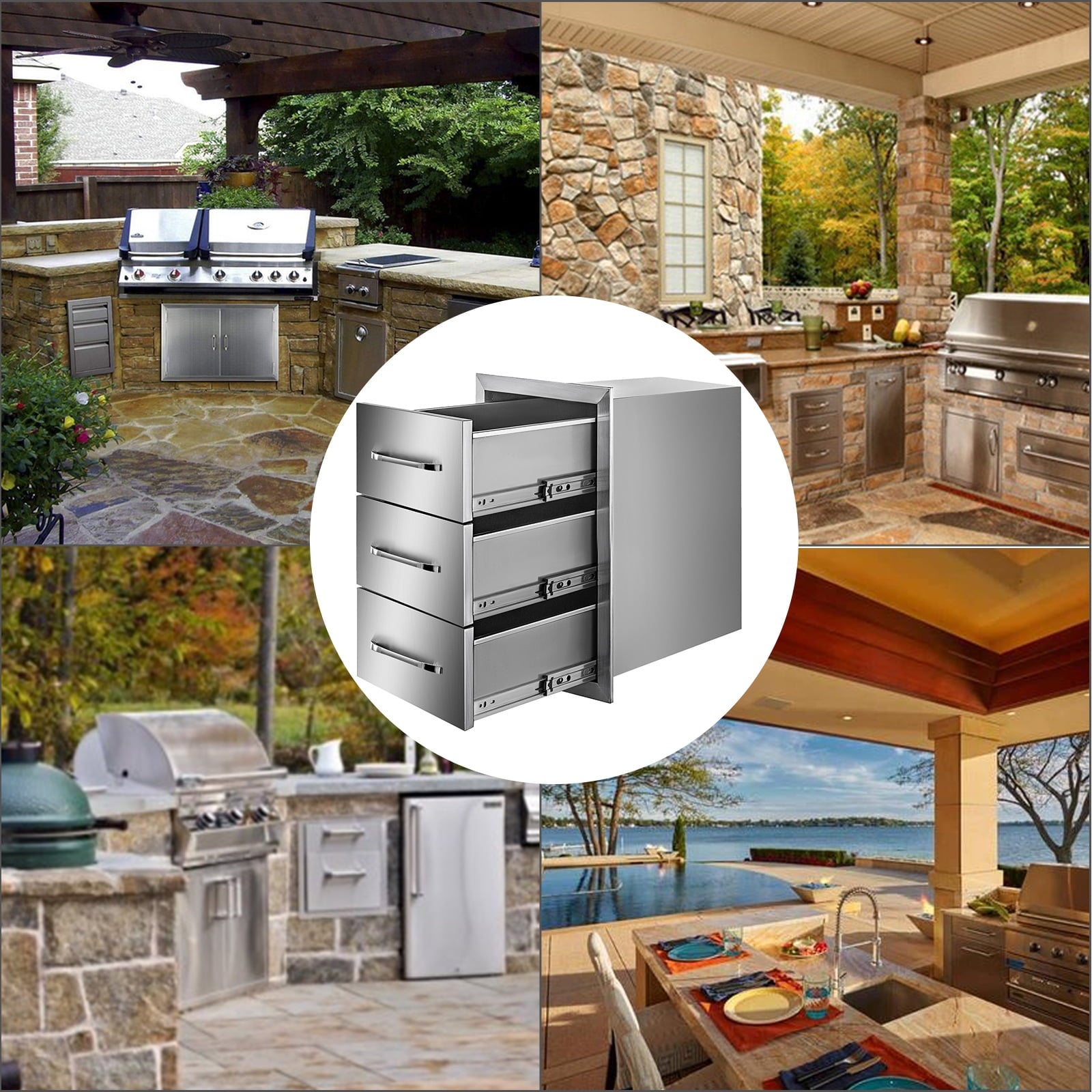Outdoor Kitchen Drawers 16 W x 21.5 H x 18 D. Flush Mount Triple Access BBQ Drawers with Stainless Steel Handle. BBQ Island Drawers for Outdoor Kitchens or BBQ Island Patio Grill Station