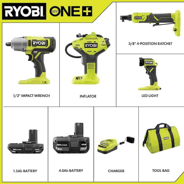 ONE+ 18V Cordless 4-Tool Combo Kit with 4.0 Ah Battery. 1.5 Ah Battery. Charger. and Bag