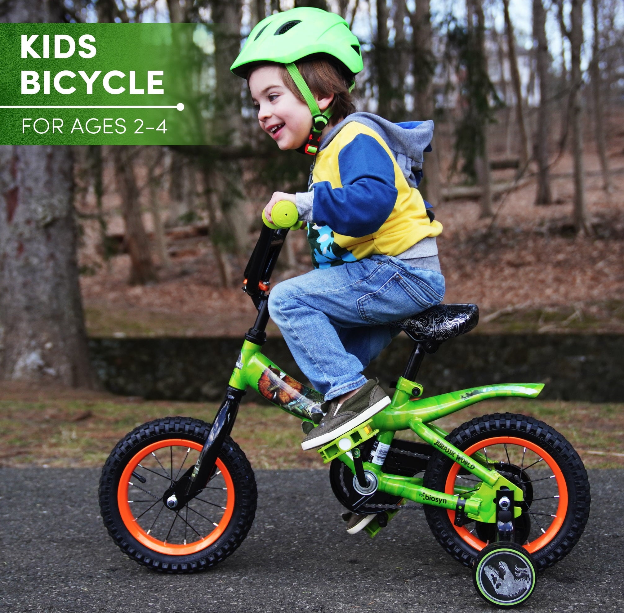 World? 12-inch Raptor Boy's Bicycle with Training Wheel. Green and Orange