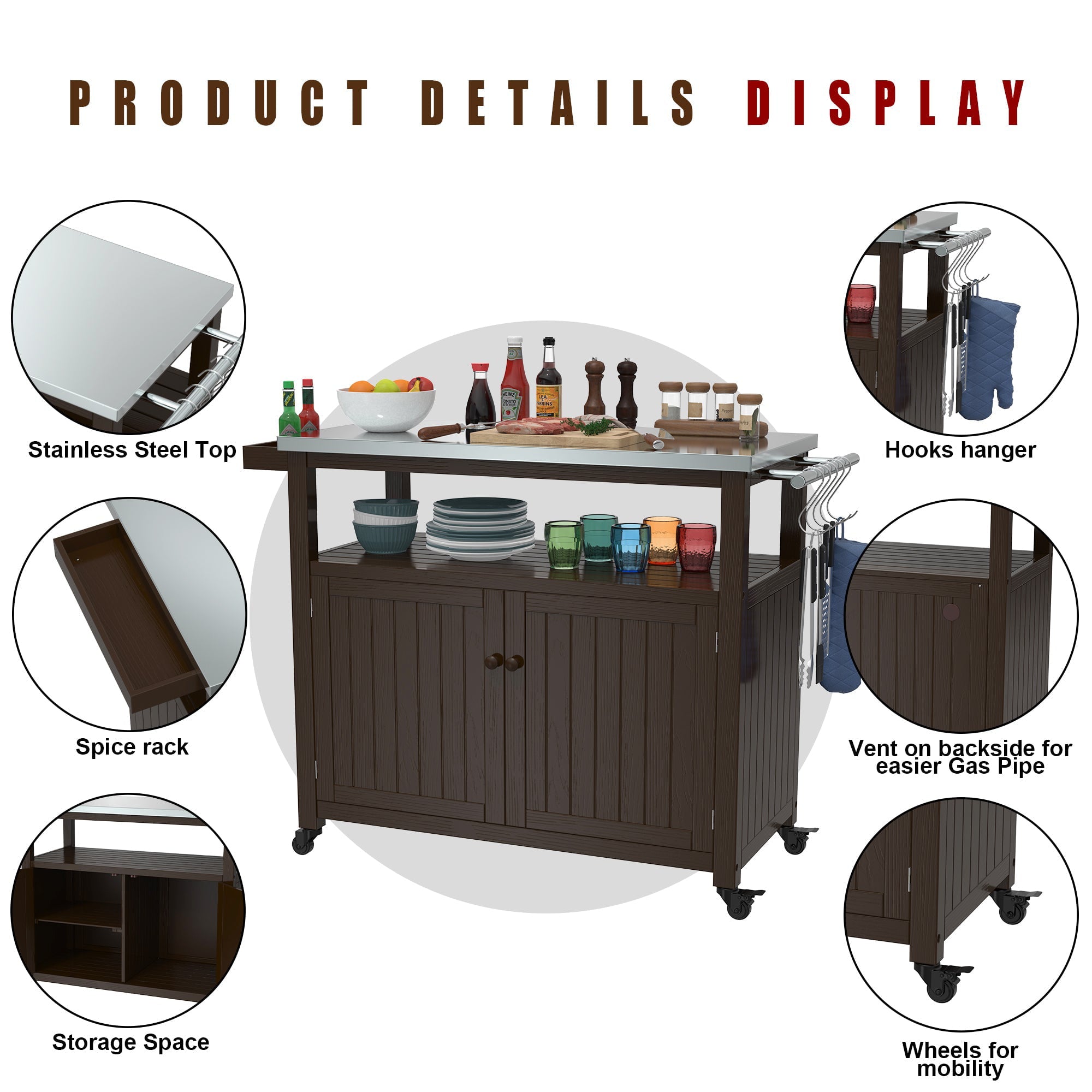 Prep Table Grill Station. Solid Wood Movable Dining Cart Table. Dark Brown