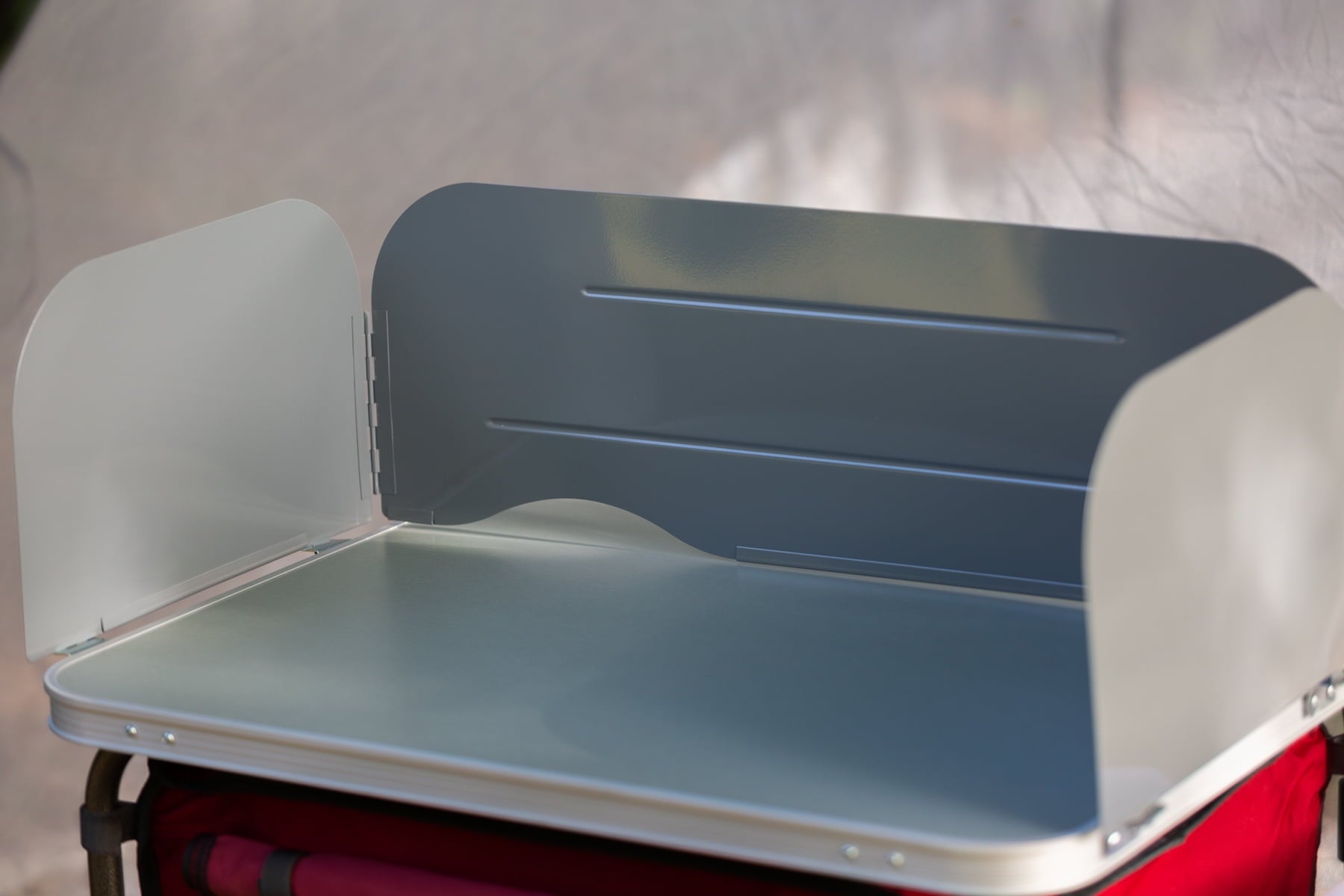 Trail Deluxe Camping Kitchen with Storage. Silver and Red. 31 Height x 13 width x 8.25 length
