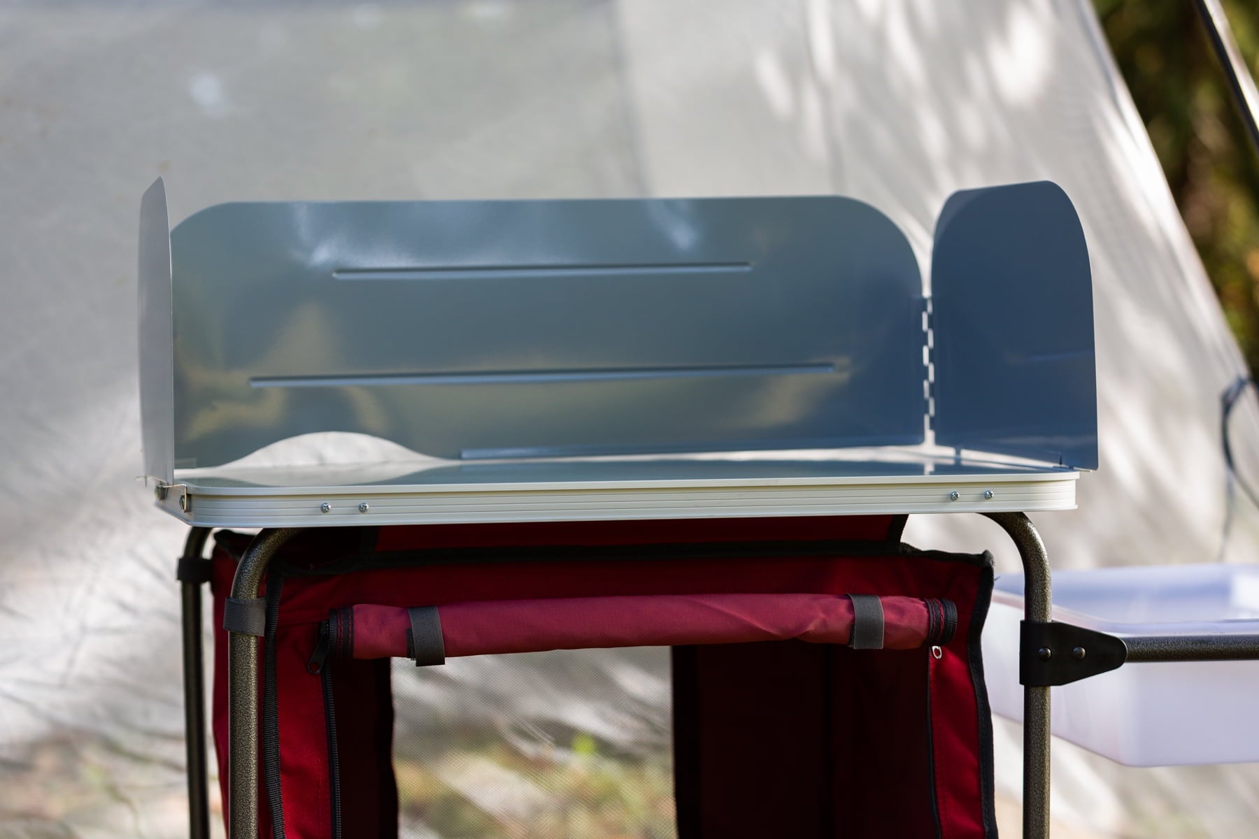 Trail Deluxe Camping Kitchen with Storage. Silver and Red. 31 Height x 13 width x 8.25 length