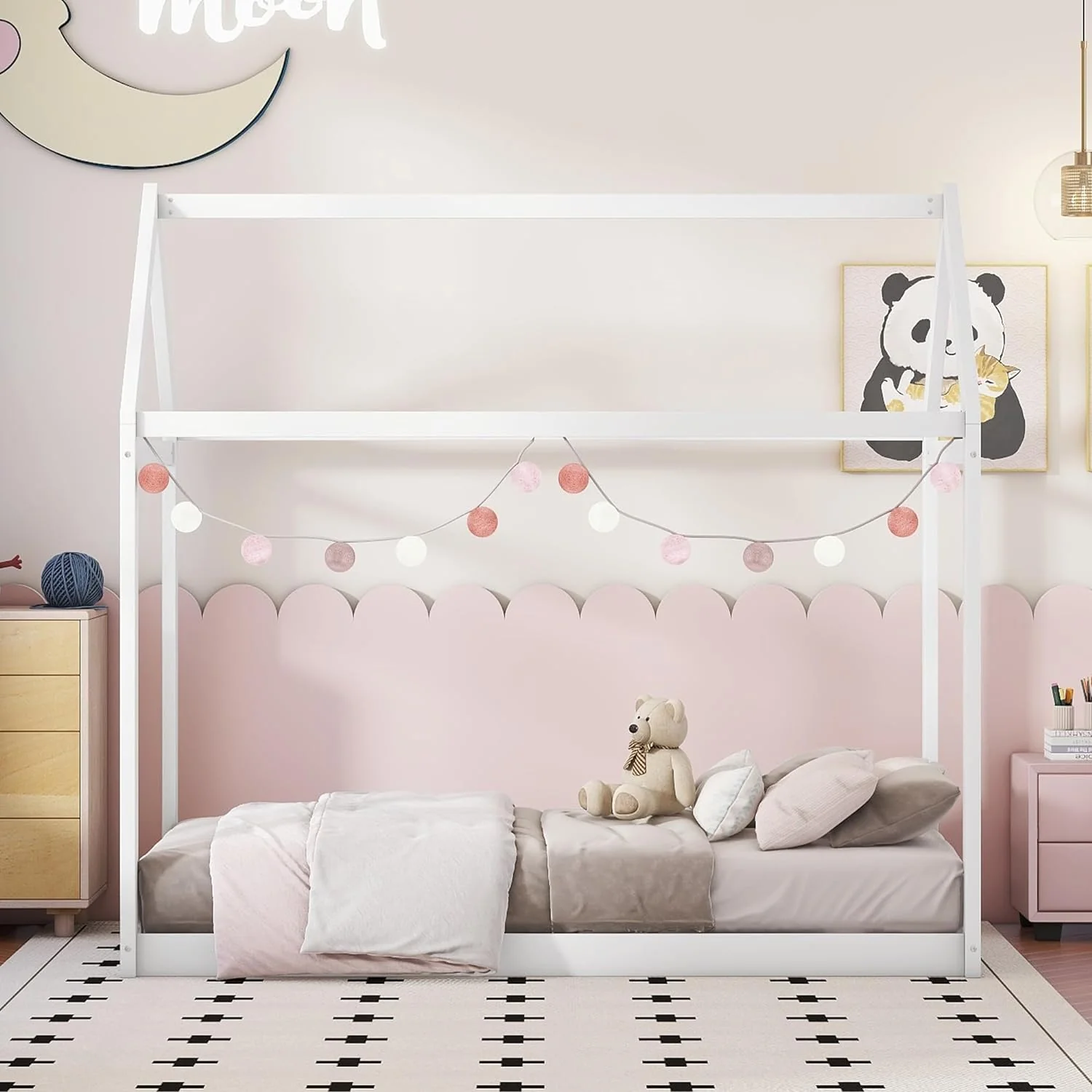 Twin House Floor Bed for Kids. Wooden Twin Montessori Bed Frame