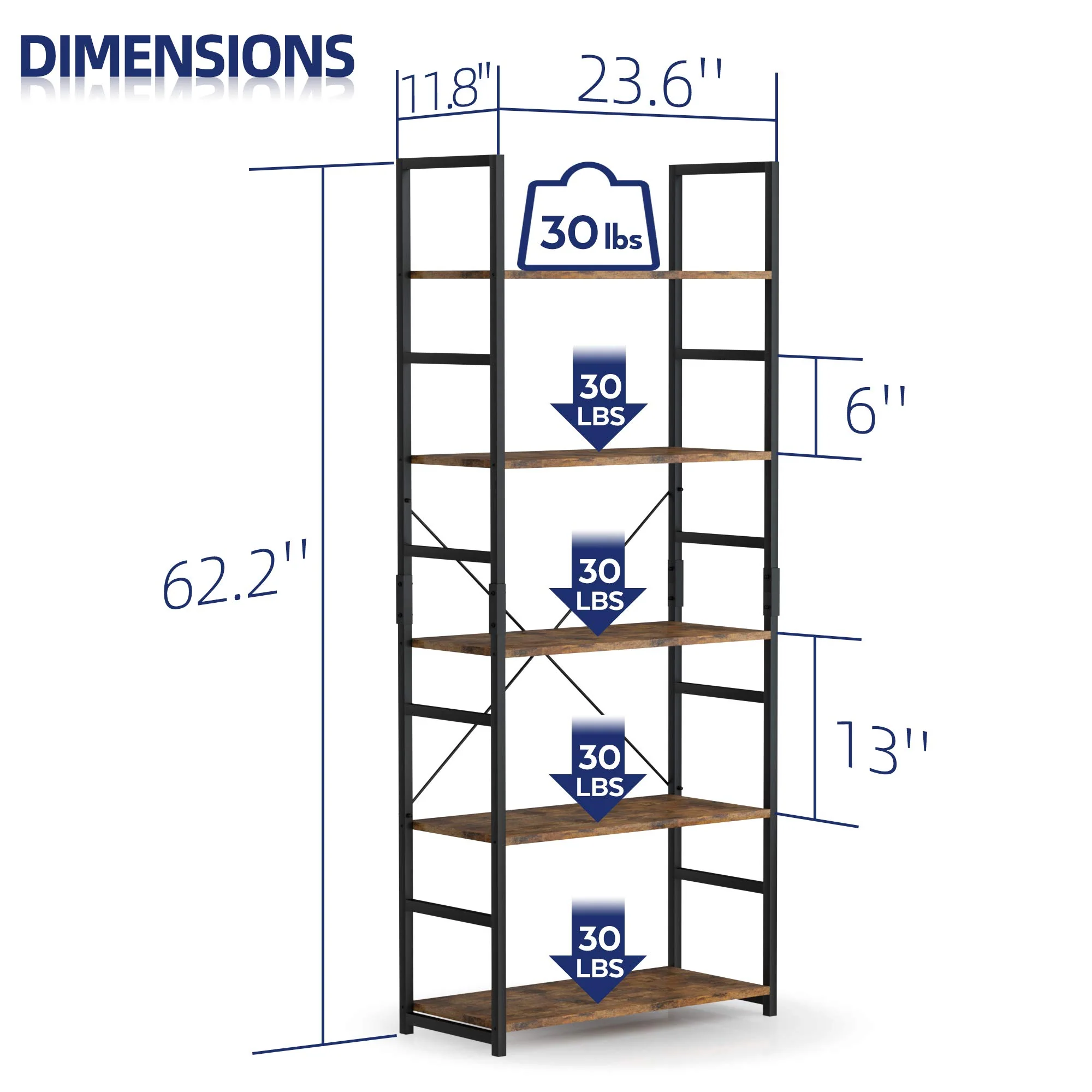 NUMENN 5 Tier Bookshelf. Tall Bookcase Shelf Storage Organizer