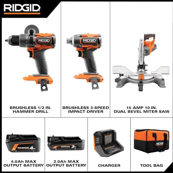 18V Brushless Cordless 2-Tool Combo Kit with (2) Batteries. Charger. Bag. and 15 Amp 10 in. Dual Bevel Miter Saw