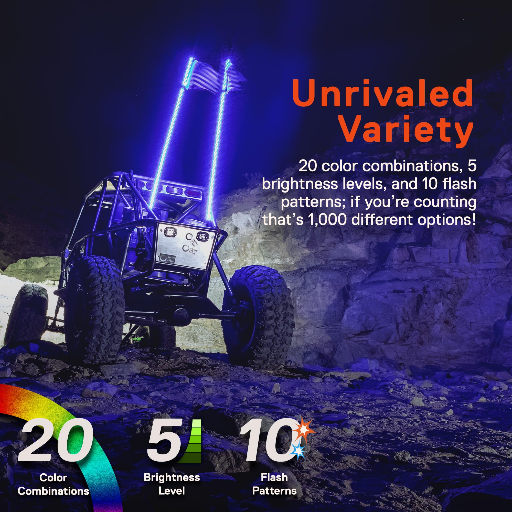 True Mods 2pc 2ft Spiral RGB LED Whip Light for UTV ATV