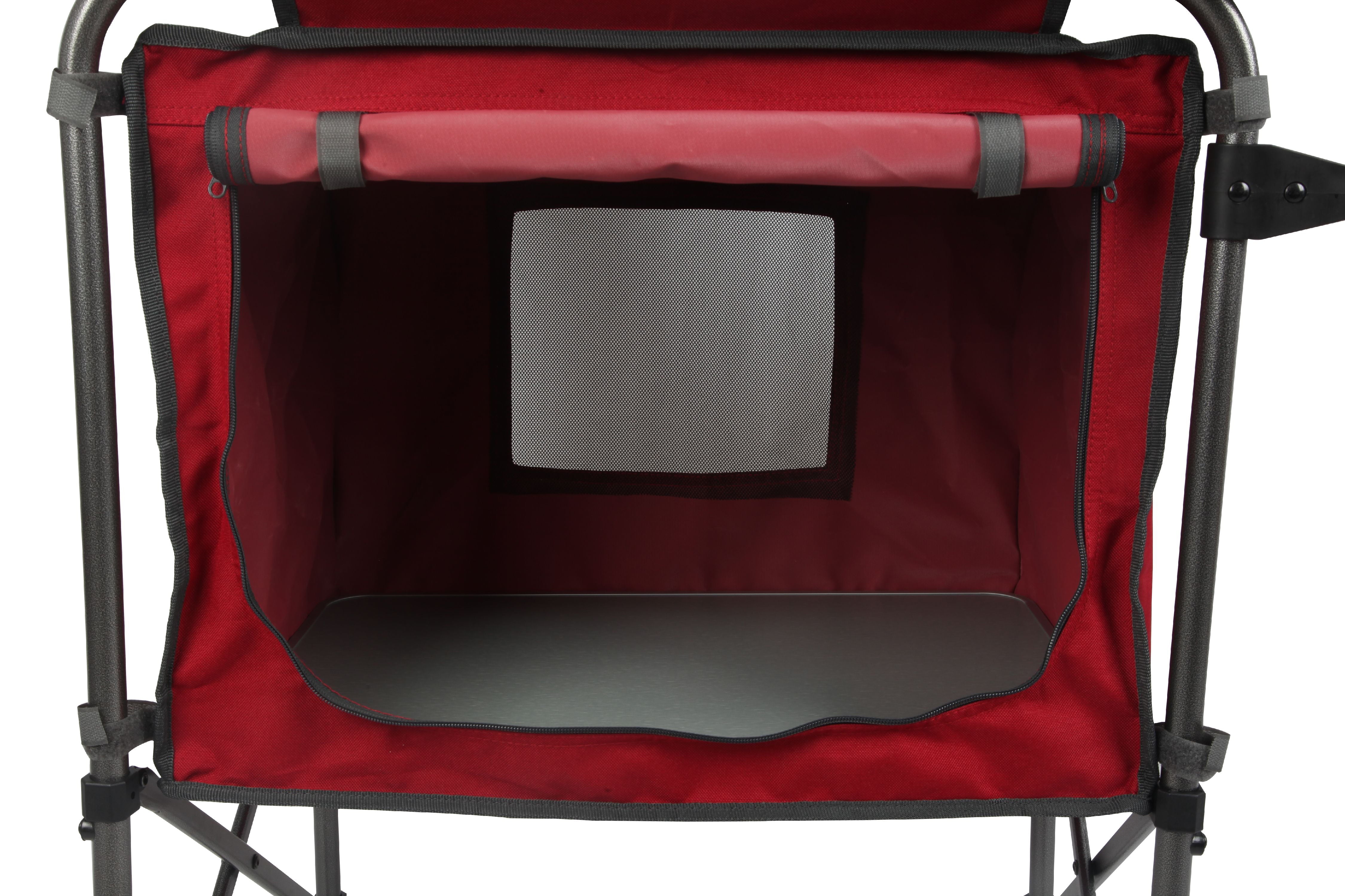 Trail Deluxe Camping Kitchen with Storage. Silver and Red. 31 Height x 13 width x 8.25 length