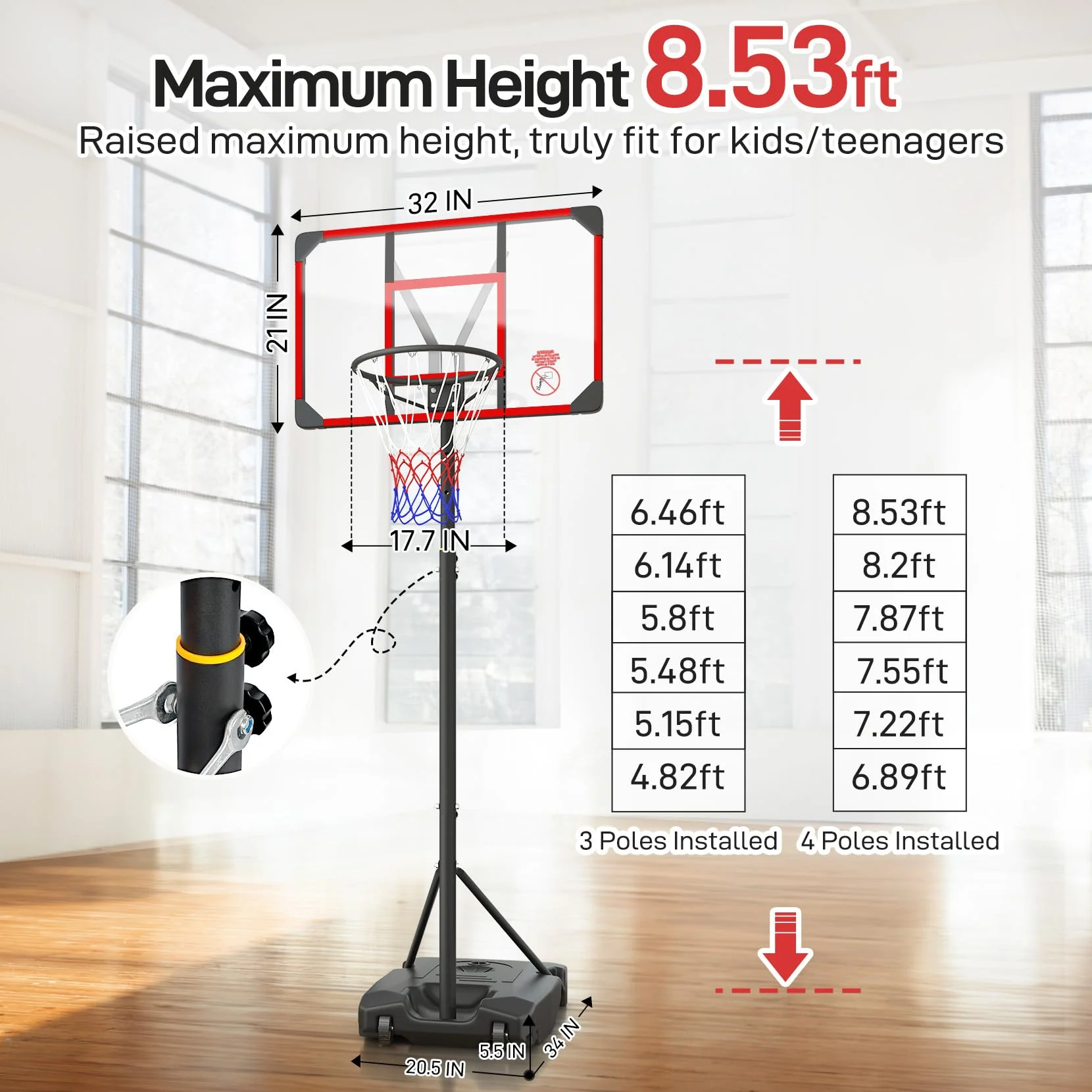 Yohood Kids Basketball Hoop Outdoor 4.82-8.53ft Adjustable