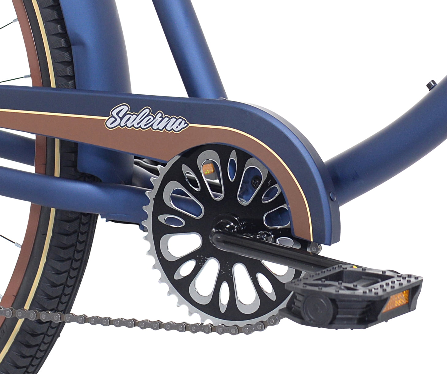 29-inch Men's Salerno Aluminum Relaxed Cruiser Bike with 7 Speeds. Navy Blue and Brown