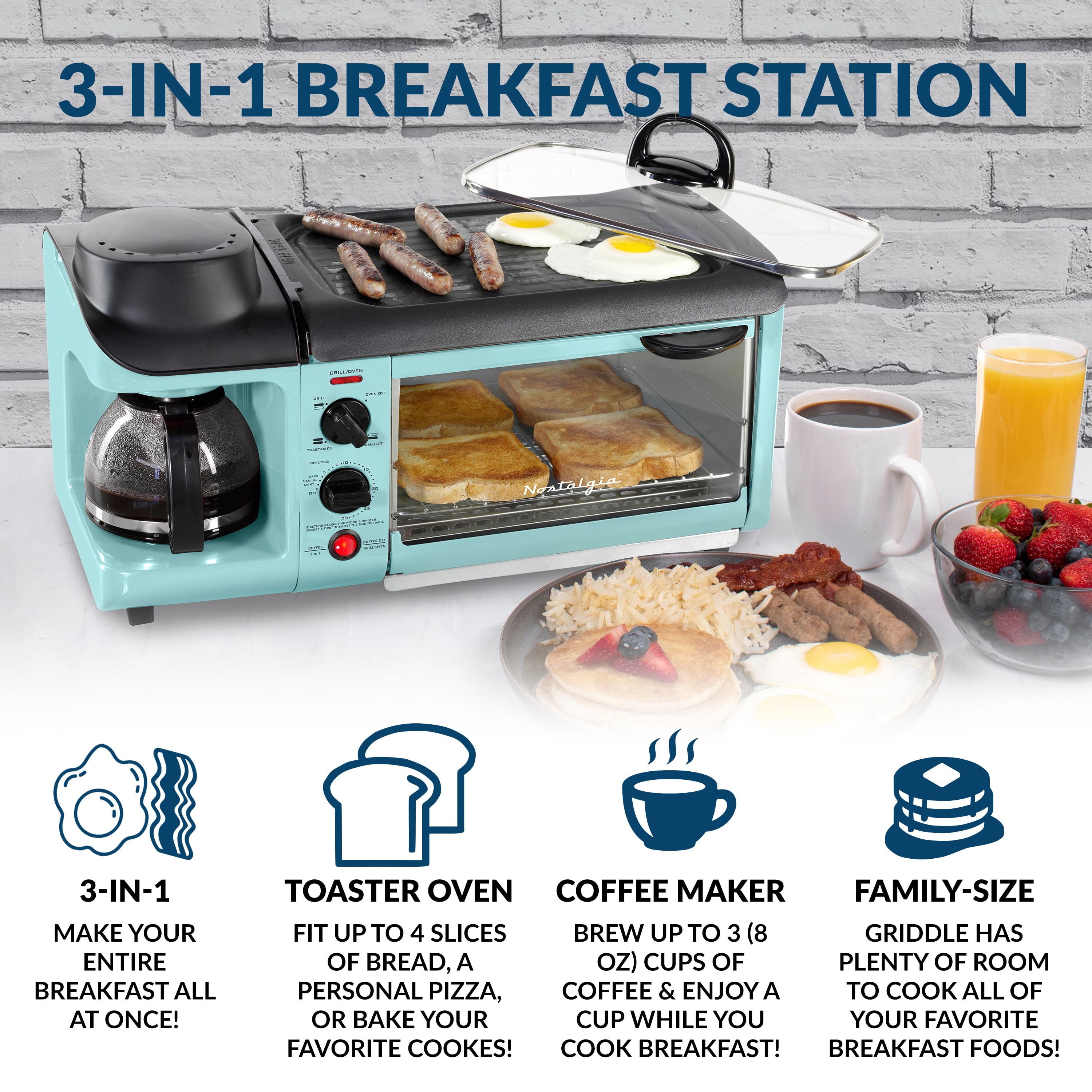 BST3AQ Retro 3-in-1 Family Size Electric Breakfast Station. Coffeemaker. Griddle. Toaster Oven - Aqua
