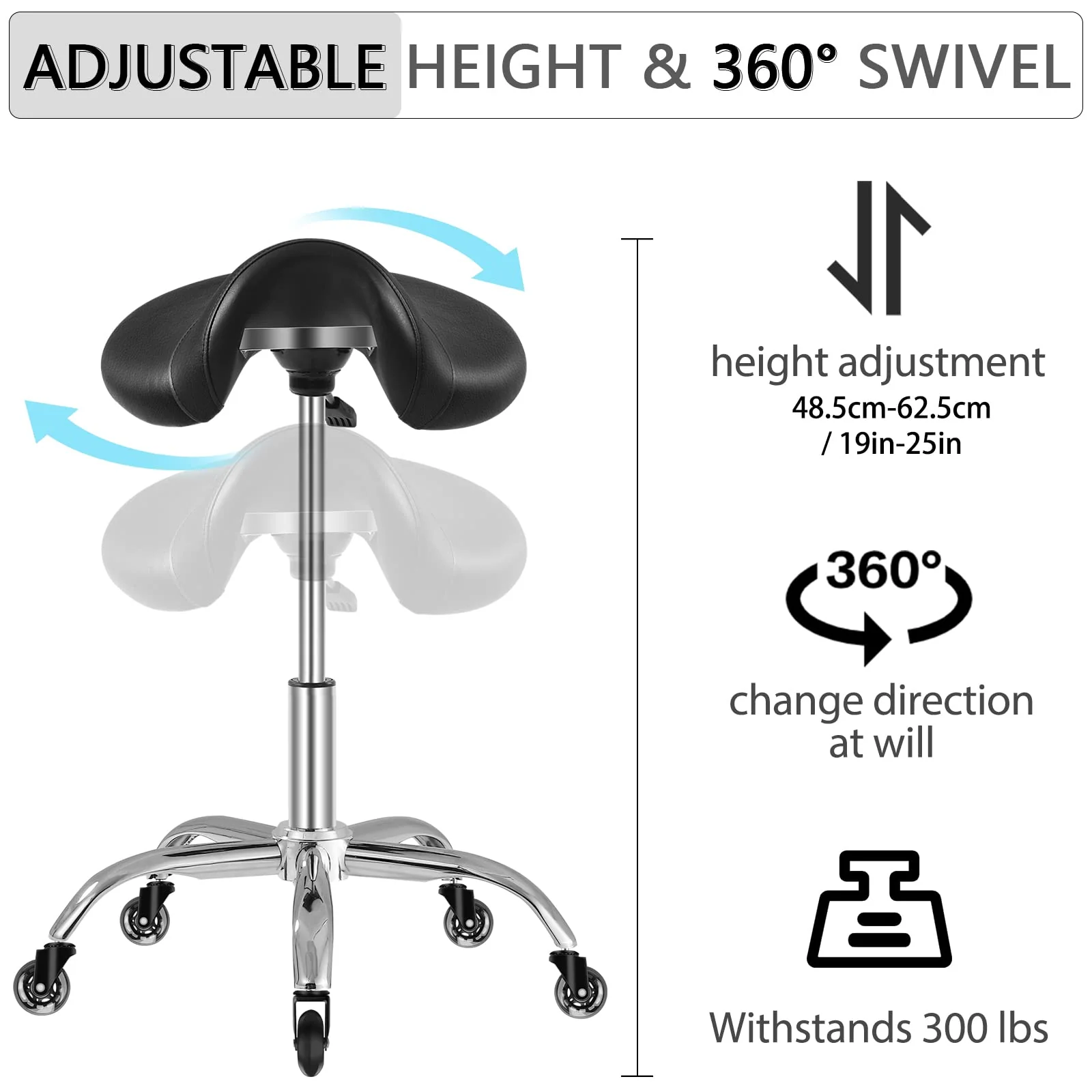 Saddle Stool with Wheels 300 lbs Weight Capacity