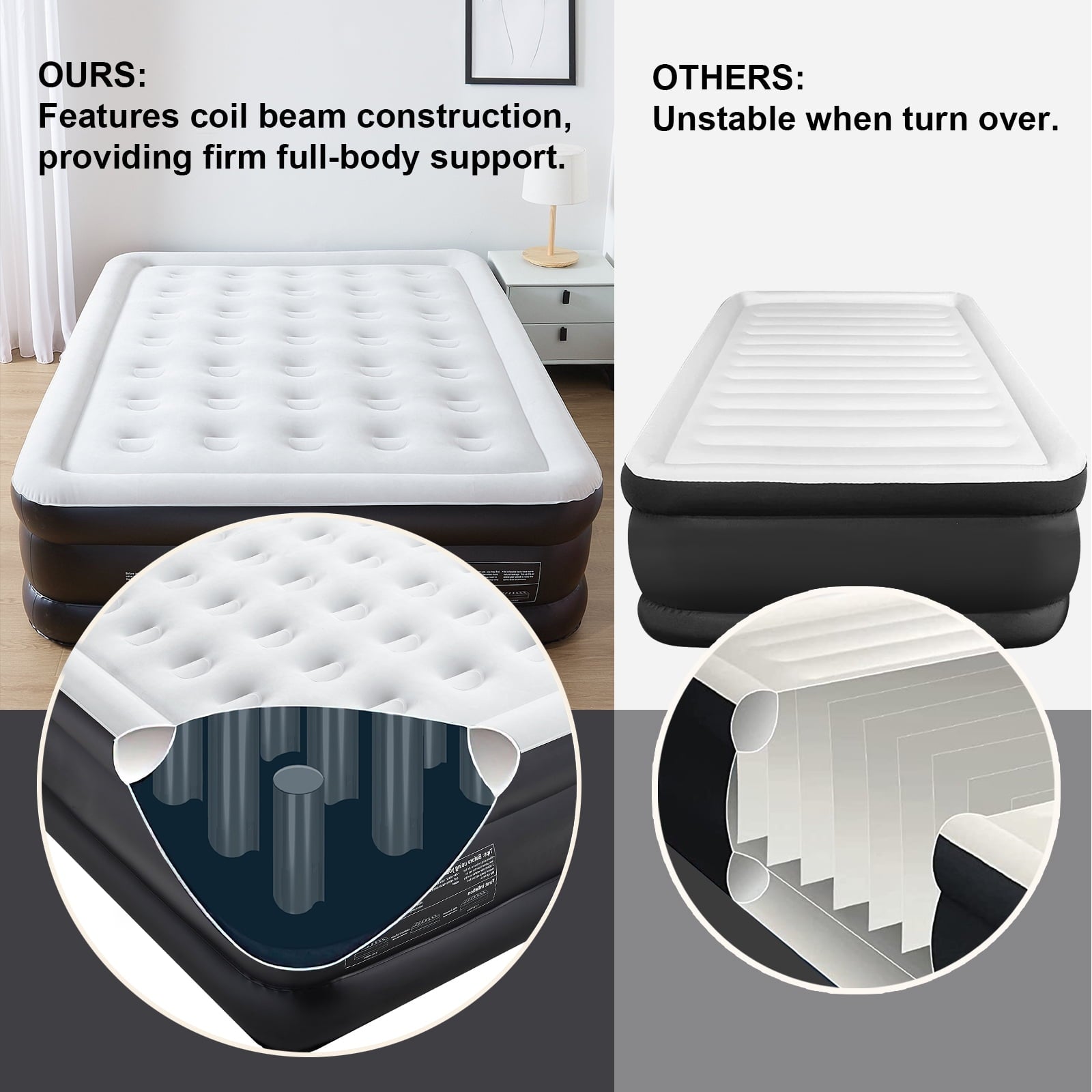 US 18 inch Queen Size Air Mattress with Built-in-Pump. Black