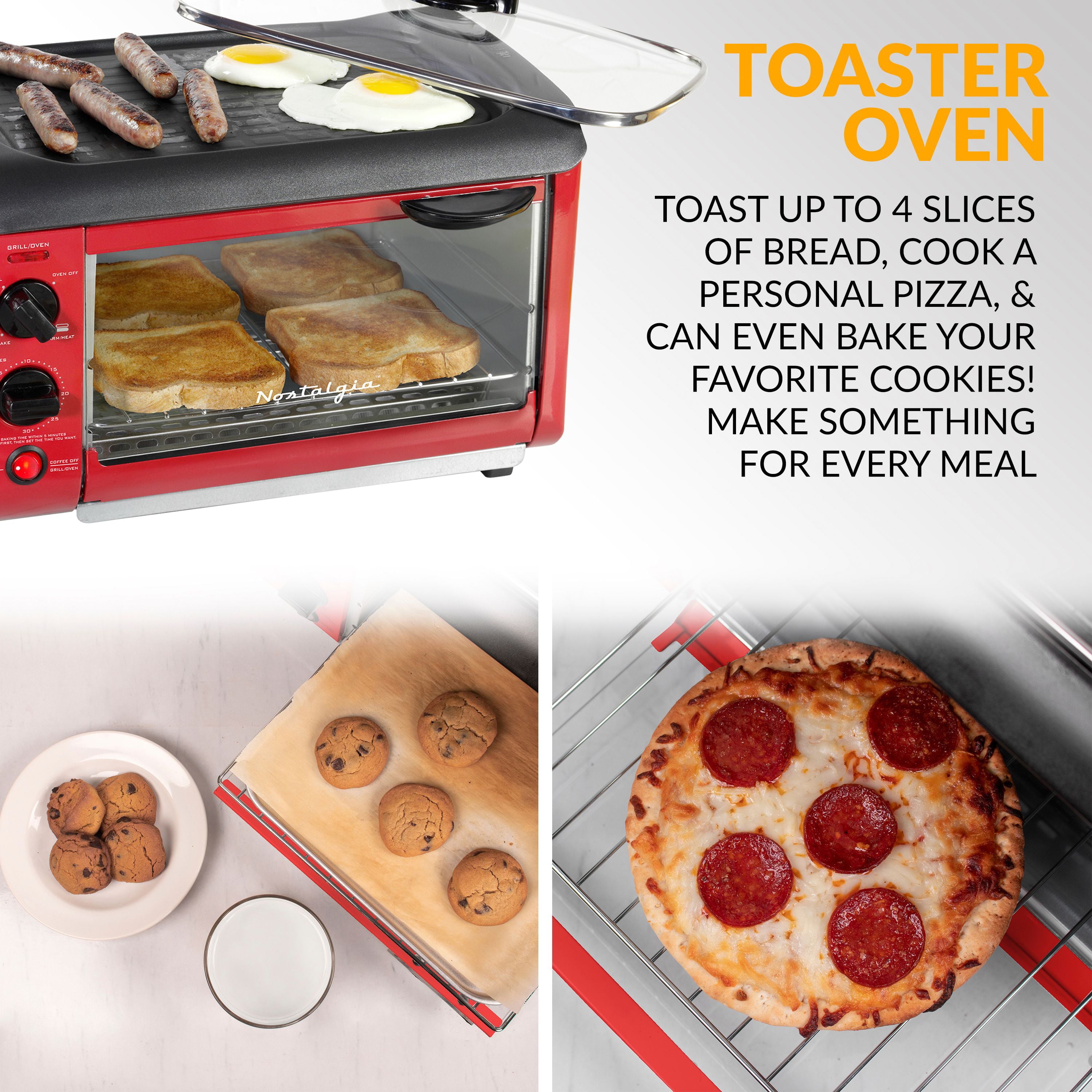 BST3RR Retro 3-in-1 Family Size Electric Breakfast Station. Coffeemaker. Griddle. Toaster Oven - Retro Red