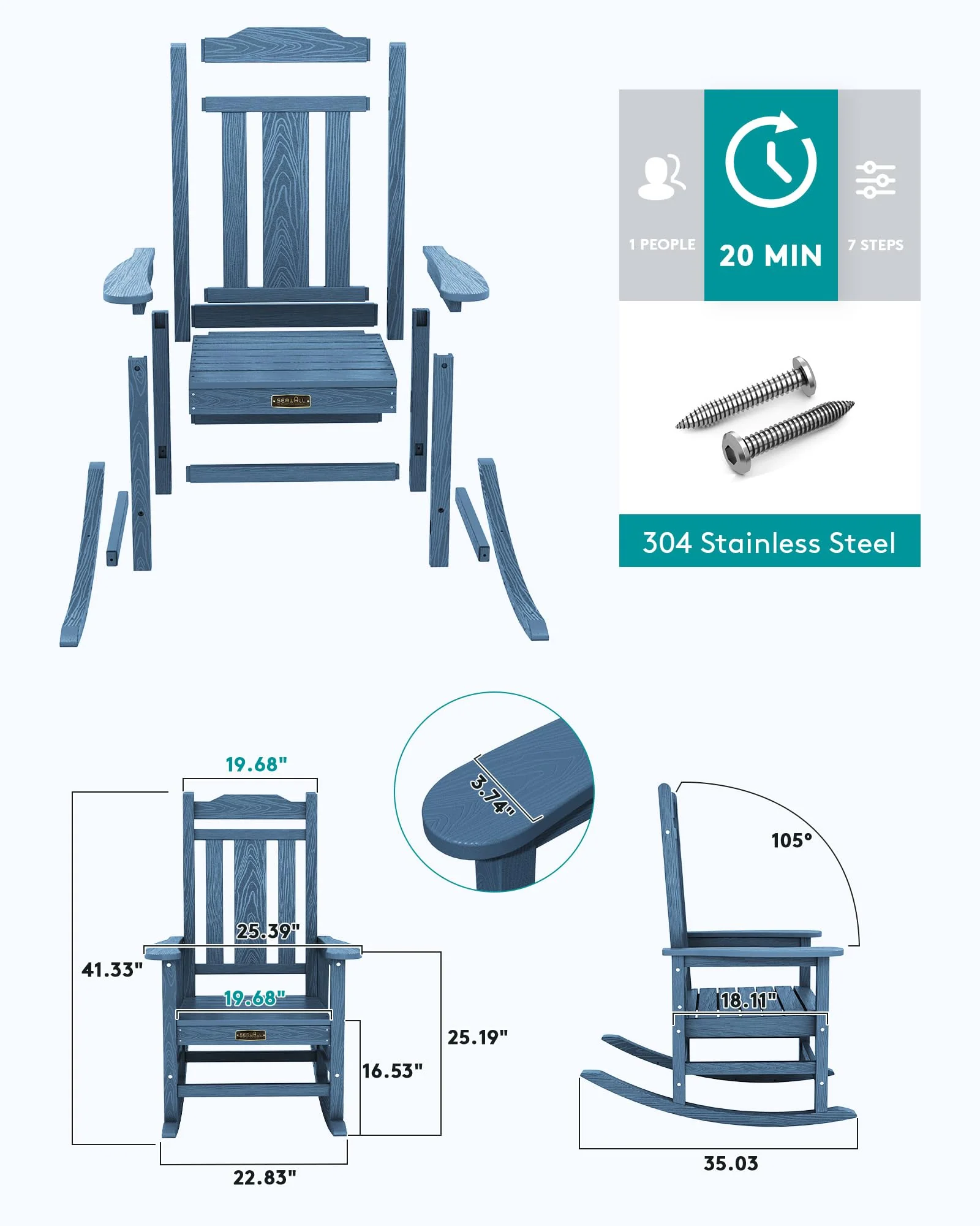 SERWALL Outdoor Rocking Chair Blue Set of 2