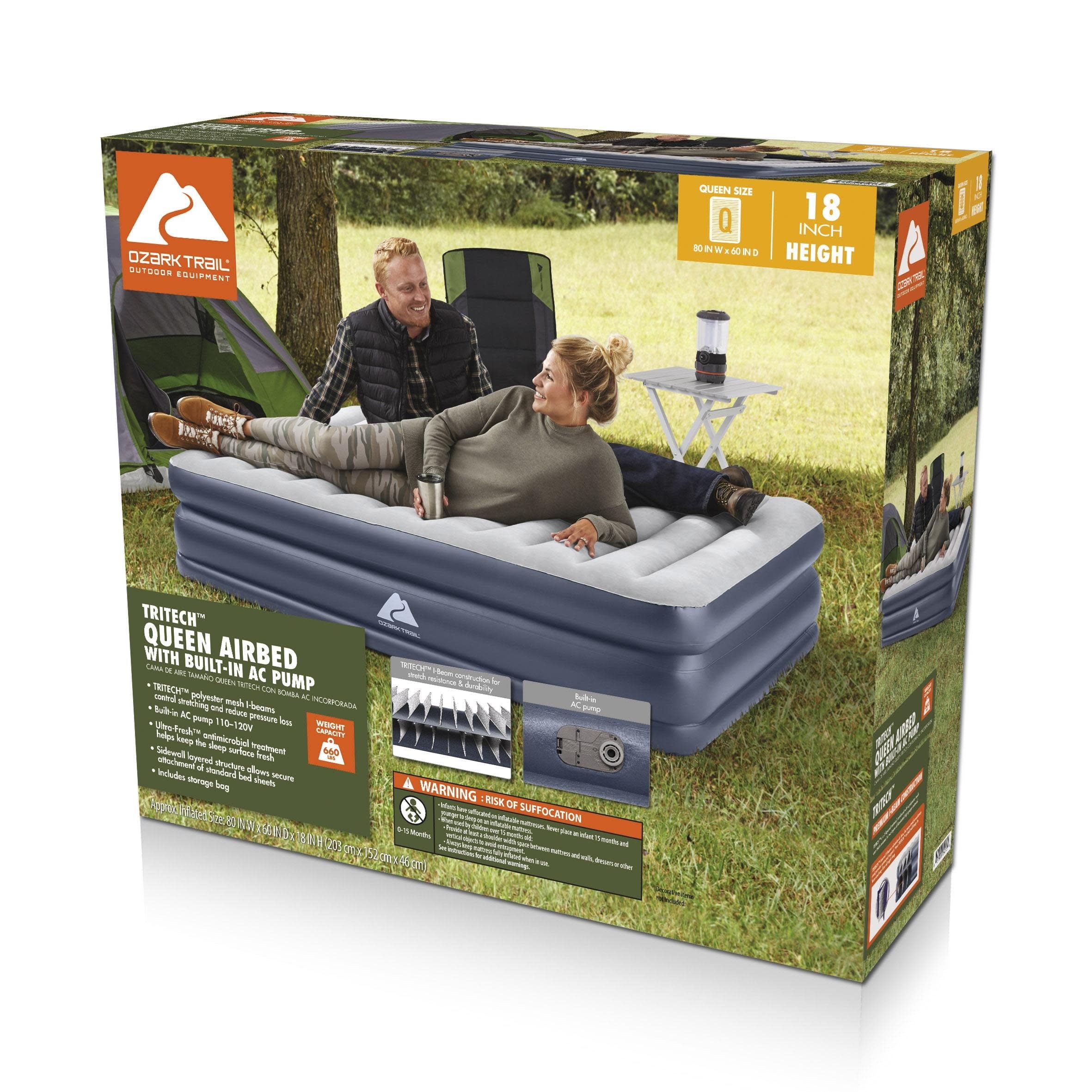 Trail Tritech QuadComfort 18in Air Mattress Antimicrobial Coating with Built-in AC Pump. Queen