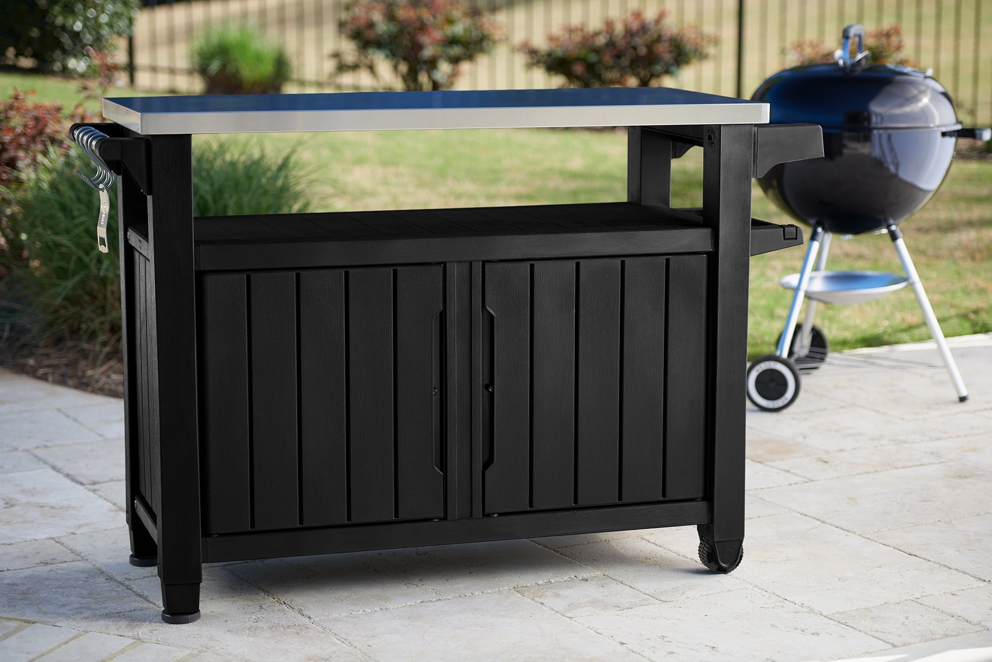 Unity XL Resin Serving Station. All-Weather Plastic and Metal Grill. Storage and Prep Table. Graphite