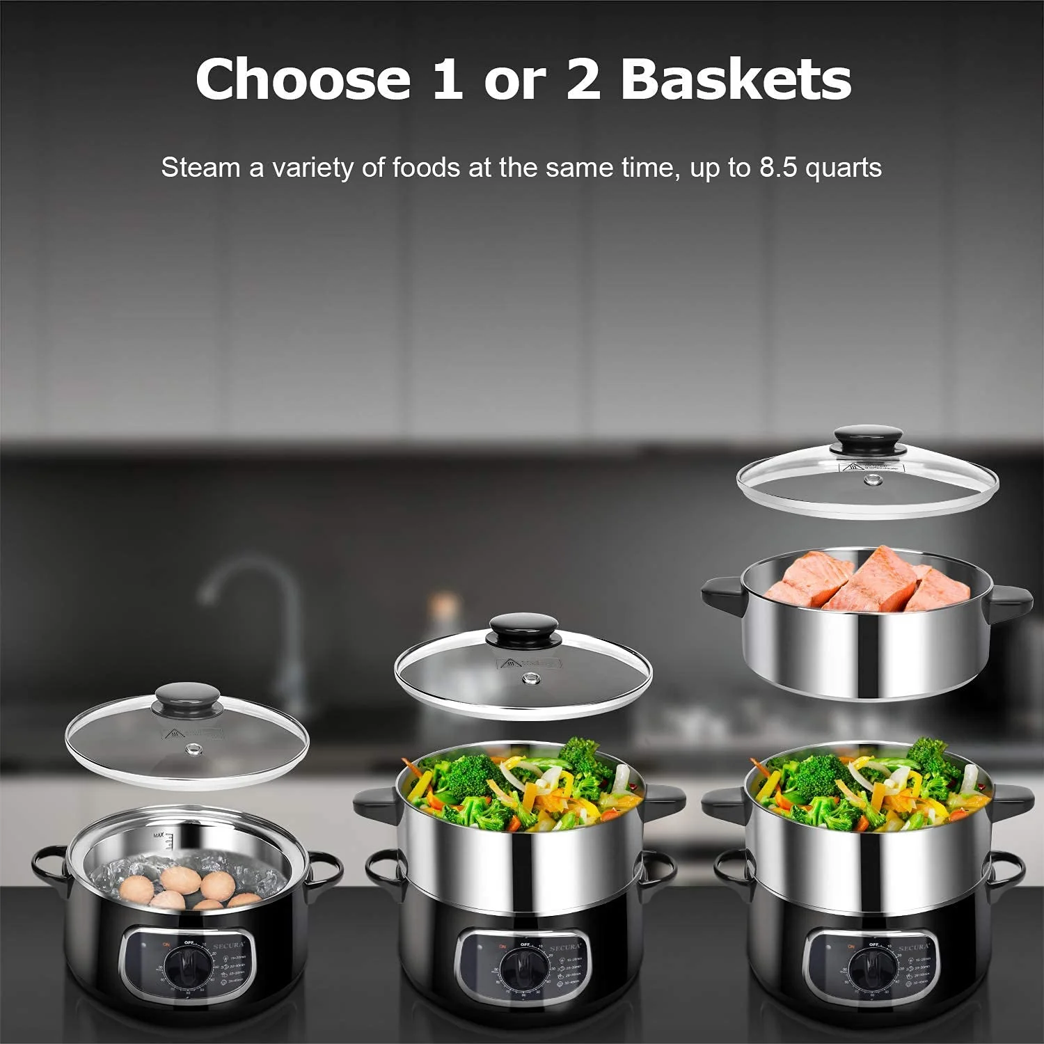 Secura 8.5 Qt Electric Stainless Steel Food Steamer