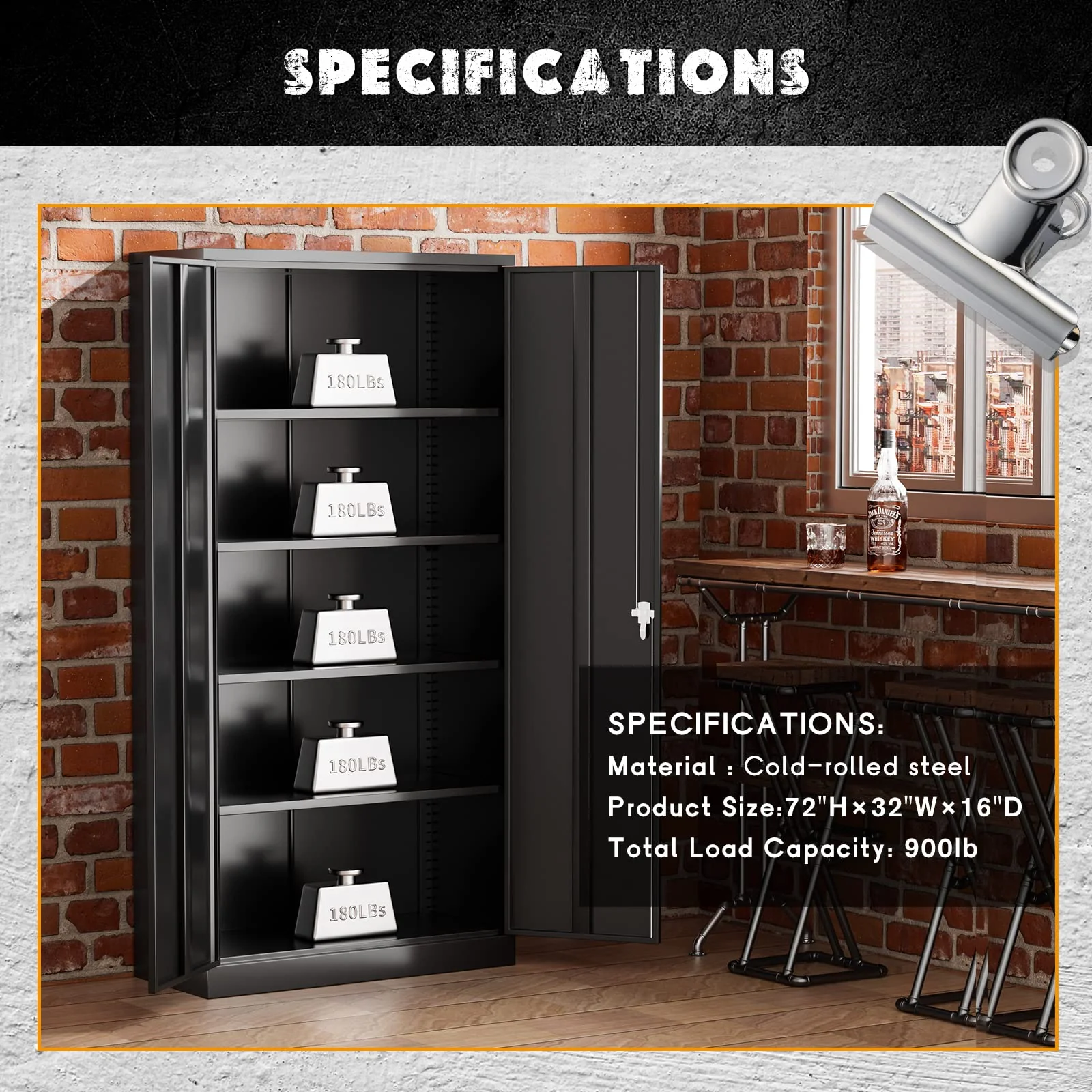 Greenvelly 72 Black Storage Cabinet with Doors