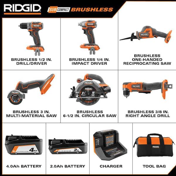 18V SubCompact Brushless Cordless 6-Tool Combo Kit with 2.0 Ah Battery. 4.0 Ah Battery. Charger. and Bag