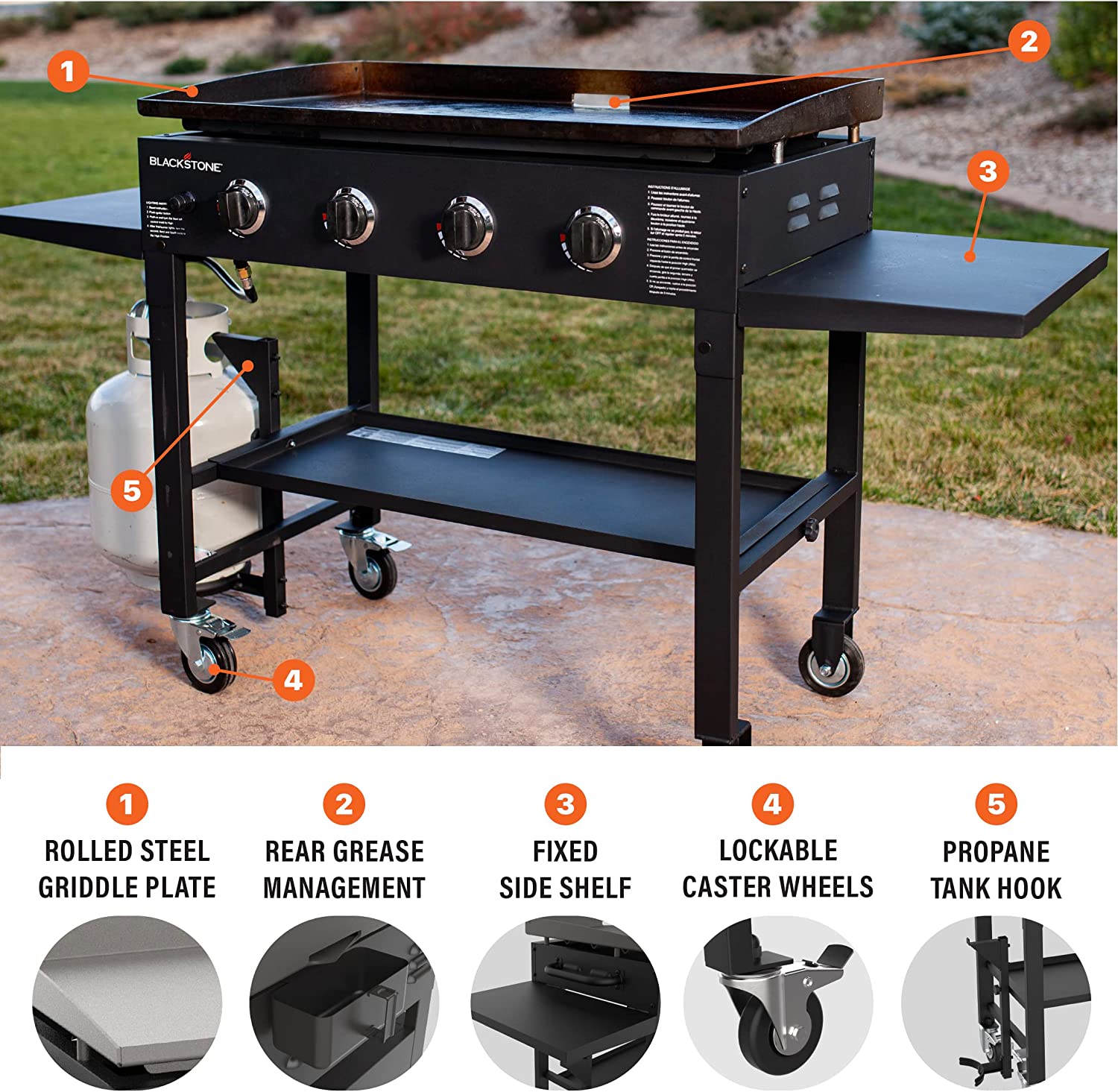 36 Inch Gas Griddle Cooking Station 4 Burner Flat Top Gas Grill Propane Fuelled Restaurant Grade Professional 36¡± Outdoor Griddle Station with Side Shelf (1554)