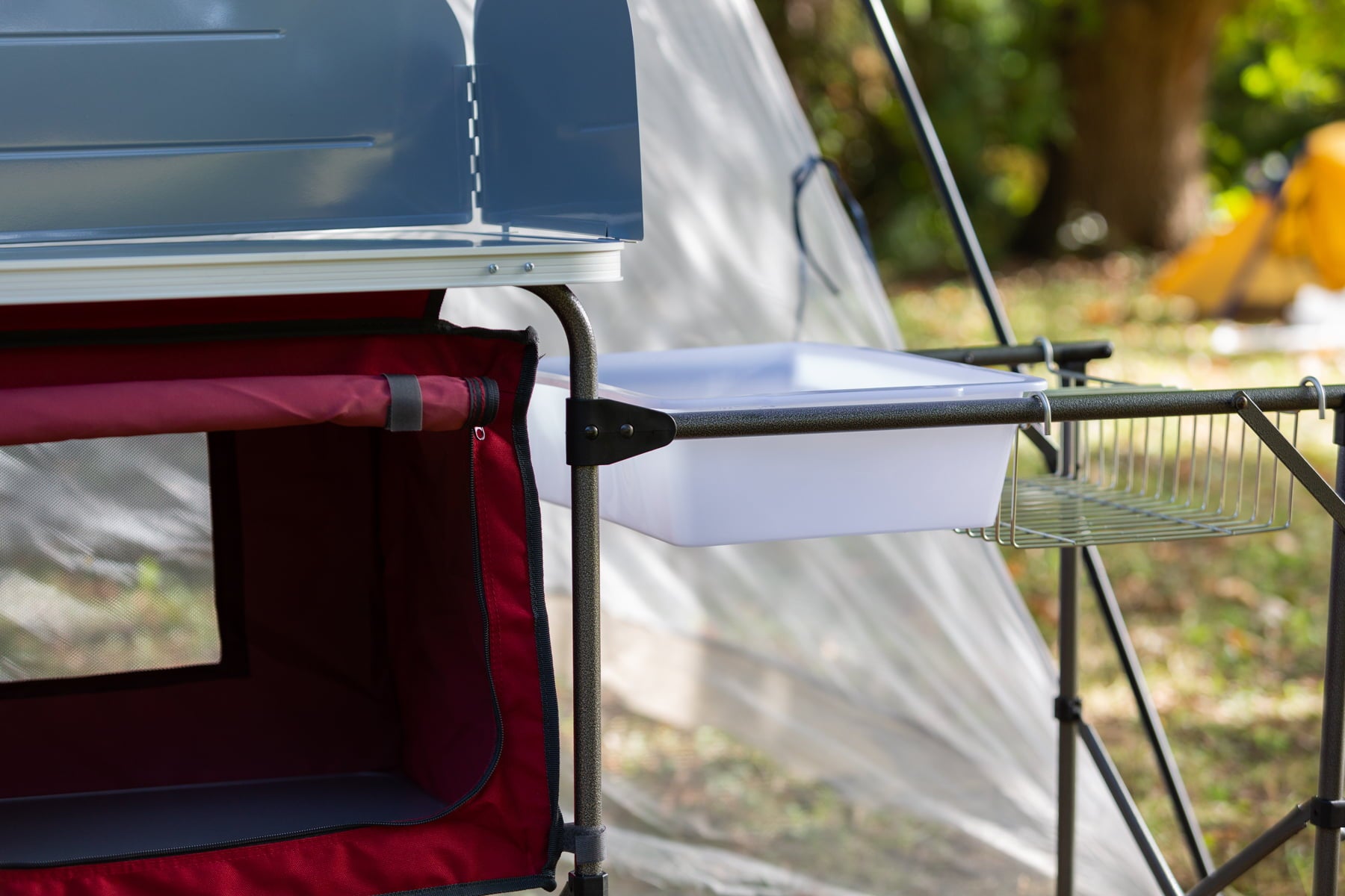 Trail Deluxe Camping Kitchen with Storage. Silver and Red. 31 Height x 13 width x 8.25 length