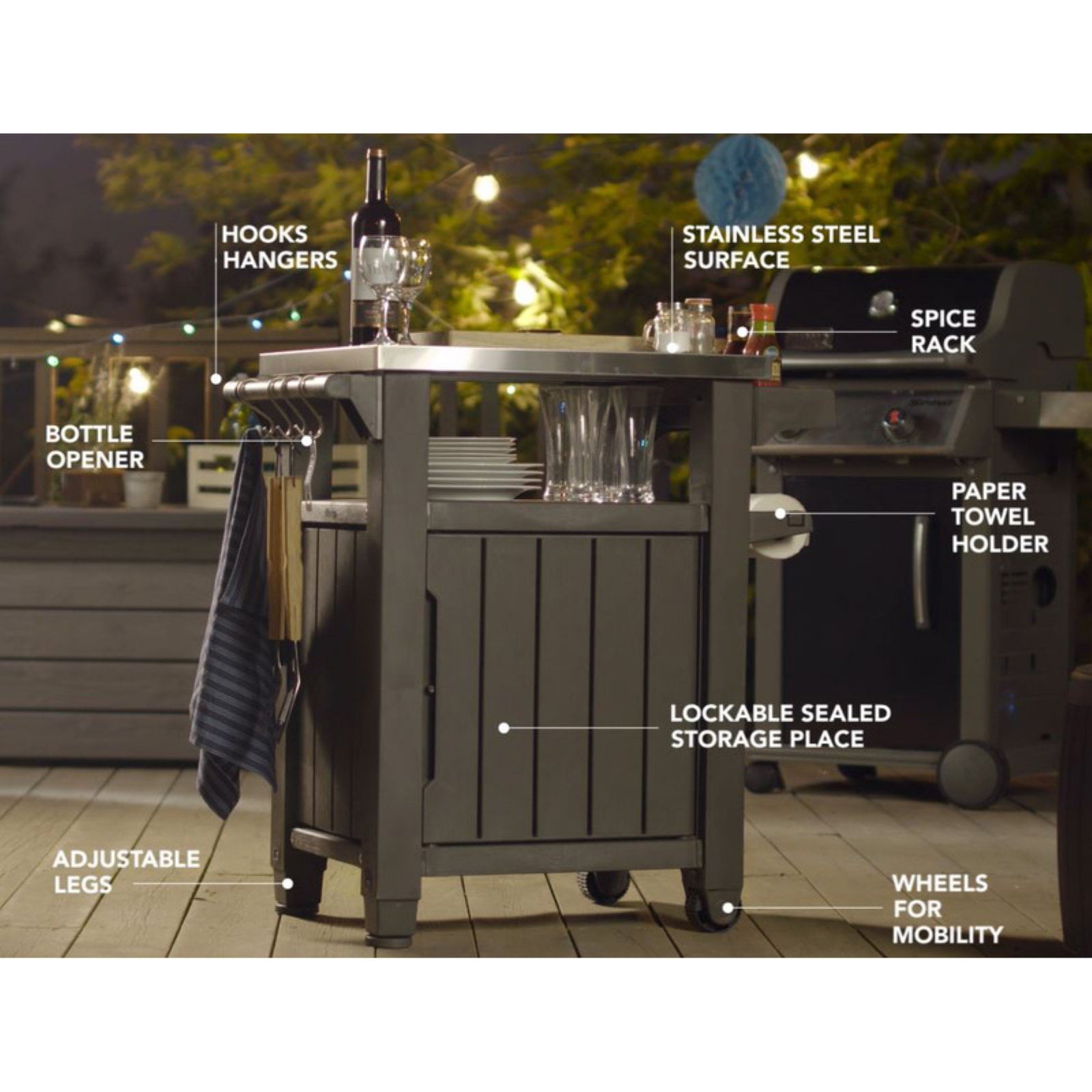Unity 40 Gal Patio Storage Grilling Bar Cart w/Stainless Steel Top. Brown