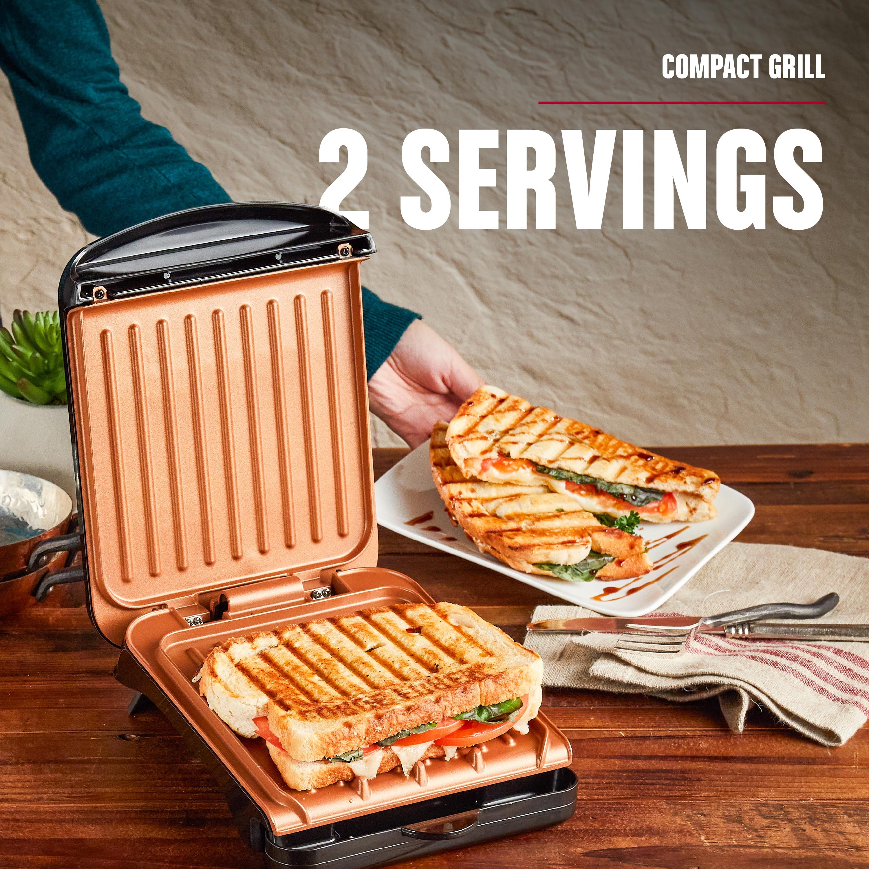 Foreman Electric Indoor Grill and Panini Press. Black with Copper Plates. Serves 2. Classic Plate. GRS040-Series
