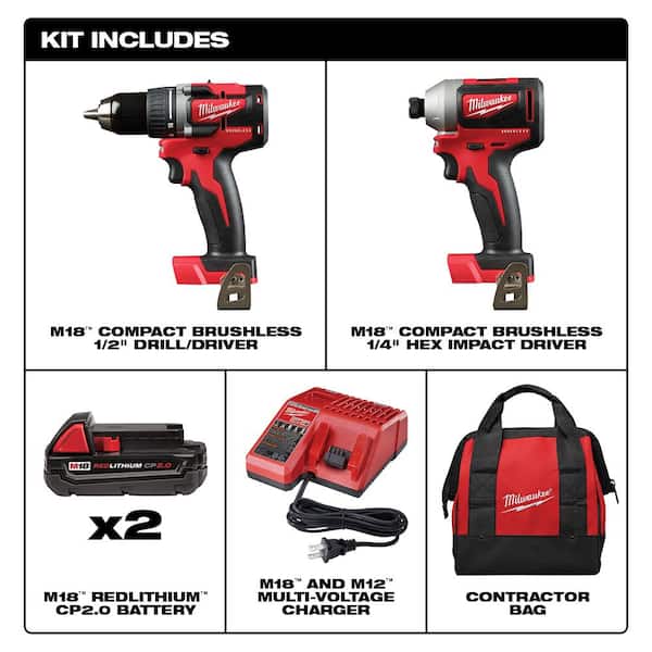 M18 18V Lithium-Ion Brushless Cordless Compact Drill/Impact Combo Kit (2-Tool) W/ (2) 2.0Ah Batteries. Charger & Bag