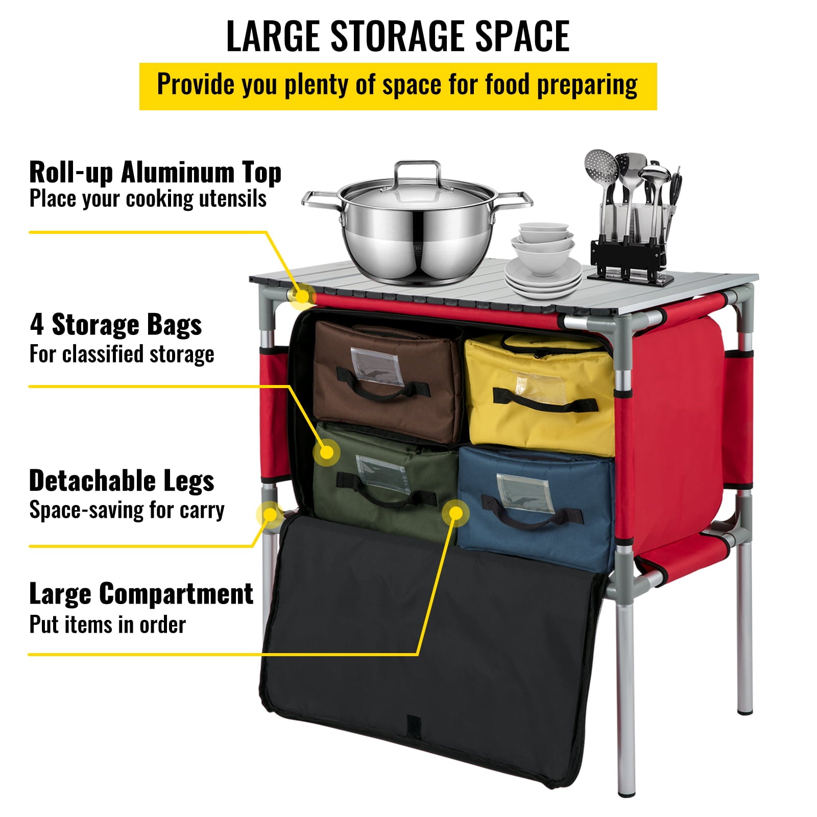 Camping Kitchen Station. Aluminum Portable Folding Camp Cook Table with 4 Detachable Legs & 4 Cooler Bags. Red