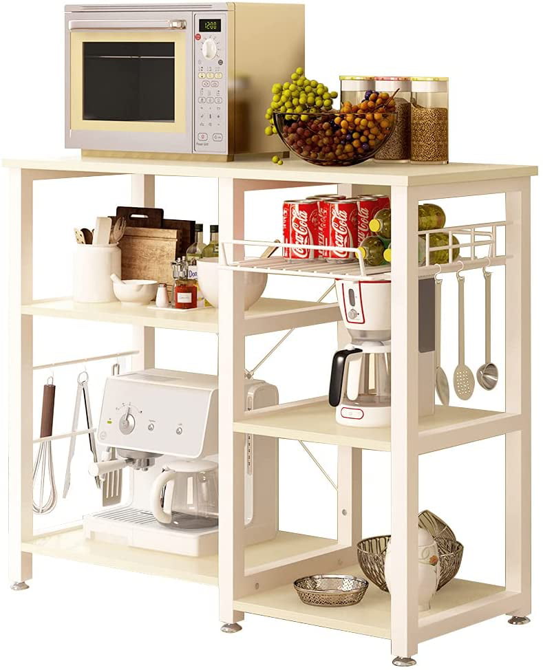 3-Tier Kitchen Island Cart Baker's Rack Utility Shelf Microwave Stand with Storage and Drawer Storage Cart Workstation Shelf. White Maple