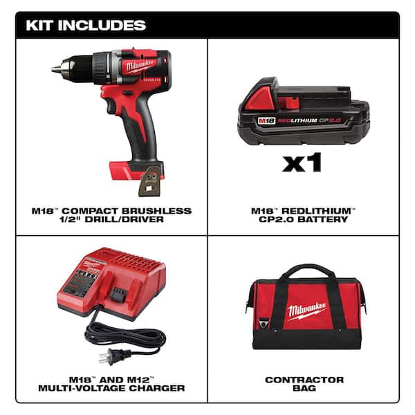 M18 18-Volt Lithium-Ion Brushless Cordless 1/2 in. Compact Drill/Driver with (1) 2.0 Ah Battery. Charger and Tool Bag