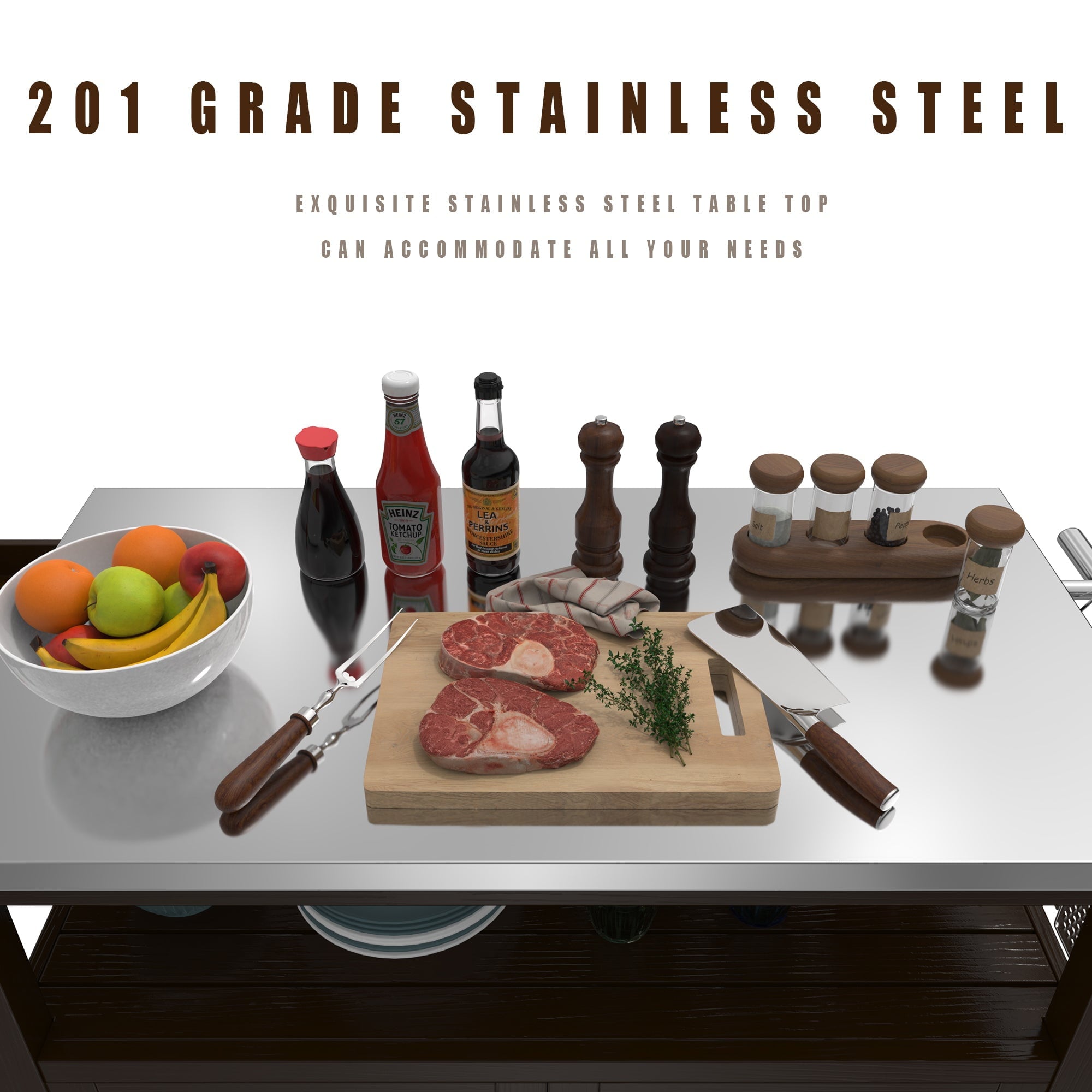 Prep Table Grill Station. Solid Wood Movable Dining Cart Table. Dark Brown
